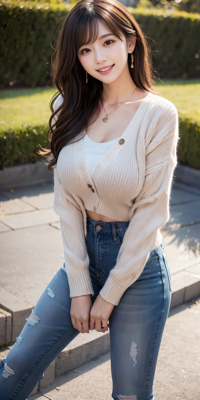 25 years old women, black wavy long hair、bangss、turtle necked sweater, Puffy nipple、soft boob、Tight jeans pants, jaket、Medium milk, cute smile face、(Tilt your head slightly)、Emphasis on the chest、sexy hips、high-heels、Park square with lake、sexy pose、、Big necklace、耳环、Photos showing the whole body