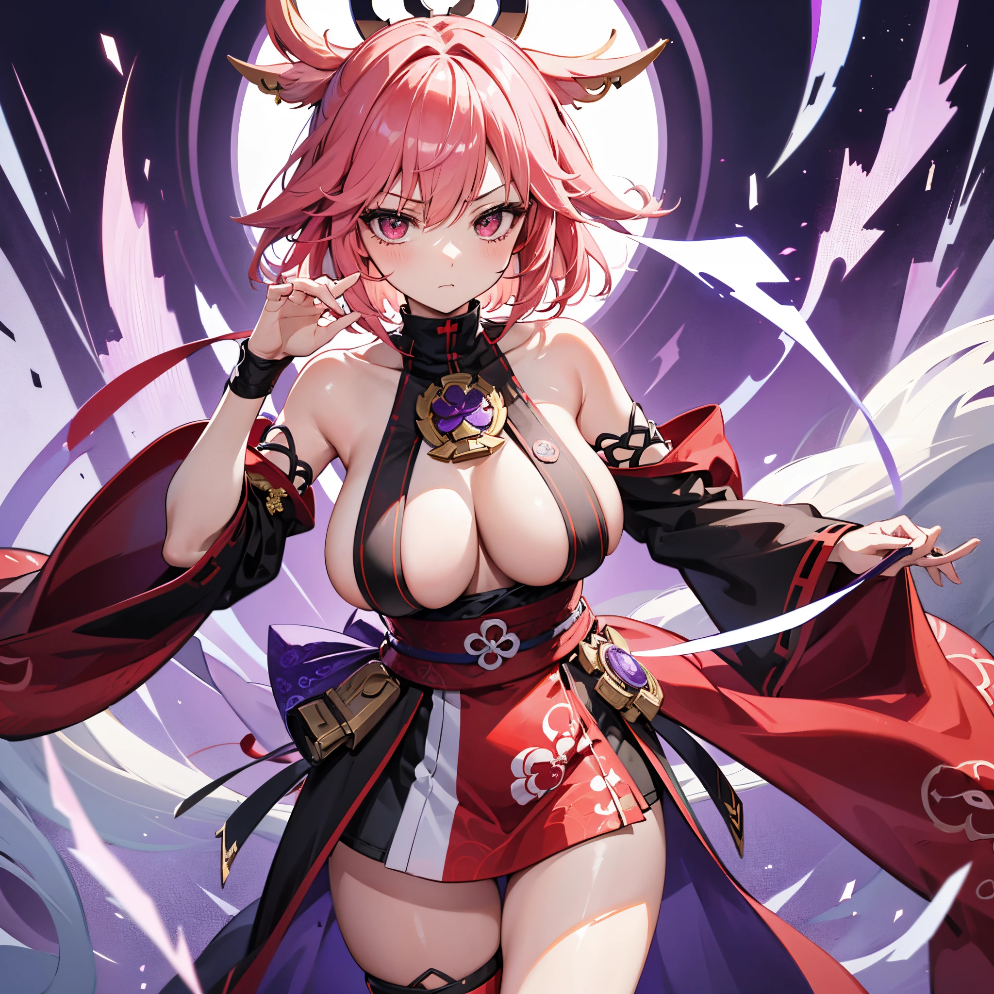 1 girl, solo, Yae_Miko, pink hair with red tips, short hair, intricate eyes, light red eyes, large breasts, diamond-shaped boob window, shinobi outfit, red and purple sleeveless ninja tunic, highly detailed tunic, purple leg fishnets, cool pose, purple lightnings all around, serious expression, purple smoke, dim lighting