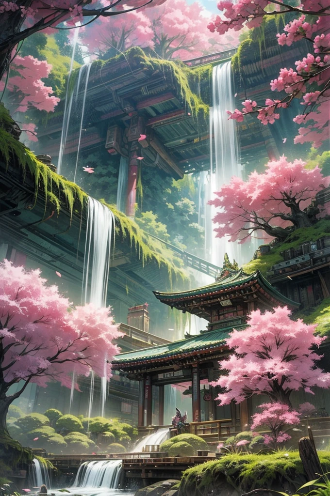 a waterfall flowing through a lush green forest, cyberpunk art, cherry blossom forest, huge futuristic temple city, colorful kitsune city, pink forest