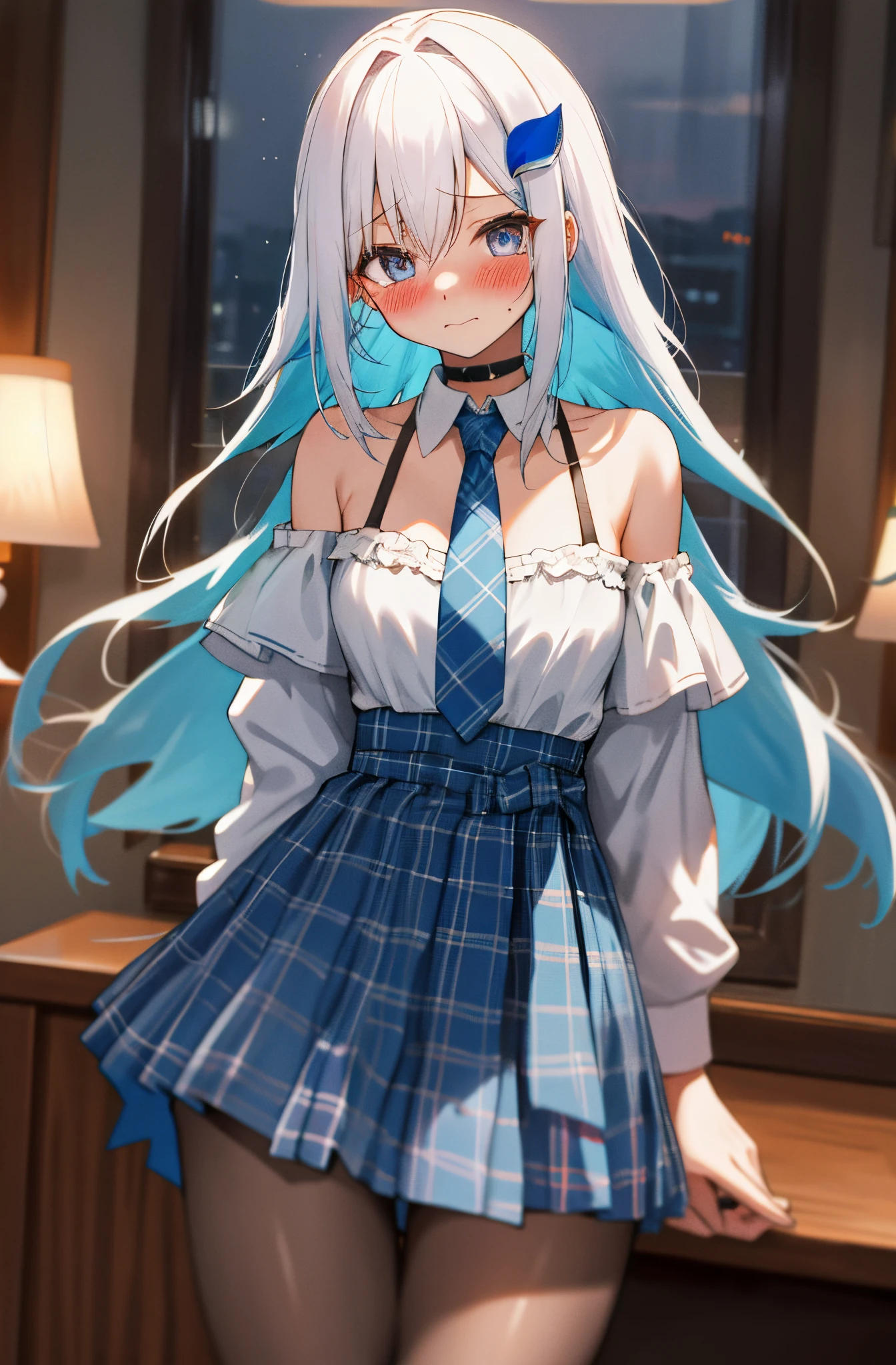 One girl with long hair, white hair, blue inner hair, looking at viewer, embarrassed, blushing, tears, indoor, bedroom, white shirts, undress, plaid necktie, cleavage, bare shoulders, plaid mini skirt, school girl, thigh, slim, dizzy, choker, mid-chest, wide hips, perfect waist, spread legs, night atmosphere, hair ornament, standing, pantyhose, (embarrassed:1.0)