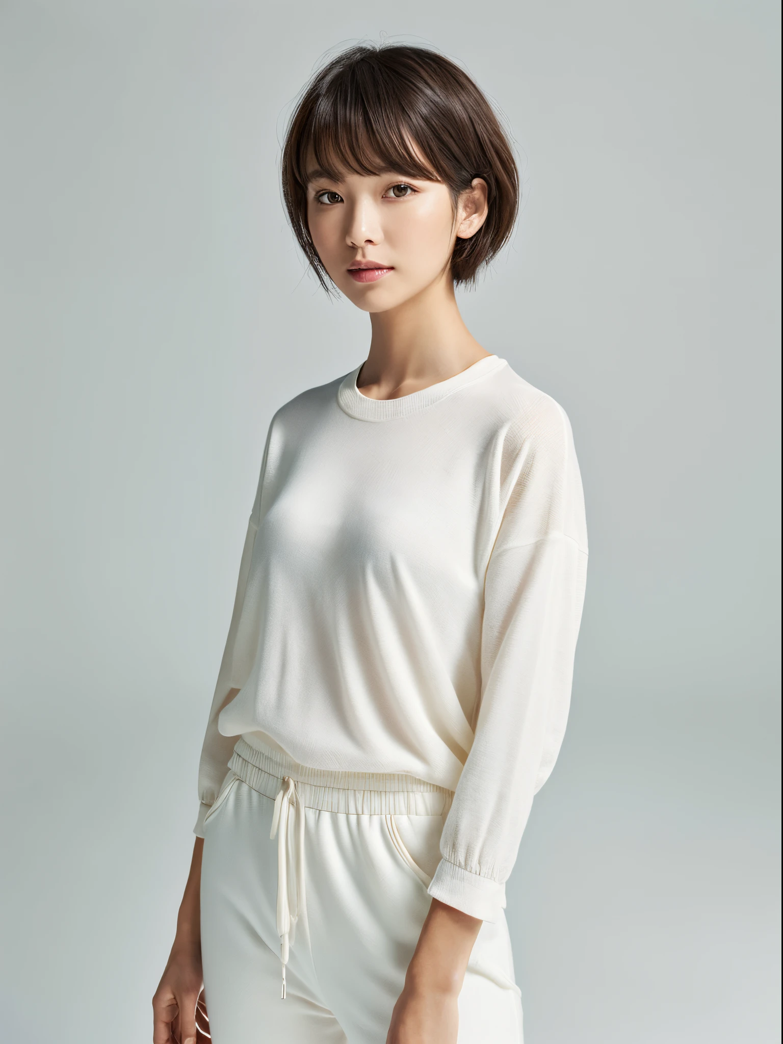 ((masterpiece,top-quality)), (photographrealistic:1.4),((masutepiece,8K)),hight resolution,Studio Soft Light, Rim Lights, vibrant detail, realistic skin textures,Japanese, 1 beautiful woman, short Hair, wave hair, faint thin bangs, make - up, 38 years old, Detailed skin, long-sleeve sweat T-shirt, wide-leg pants, Standing, White background, White Room,white walls, fully body photo, looking at viewer