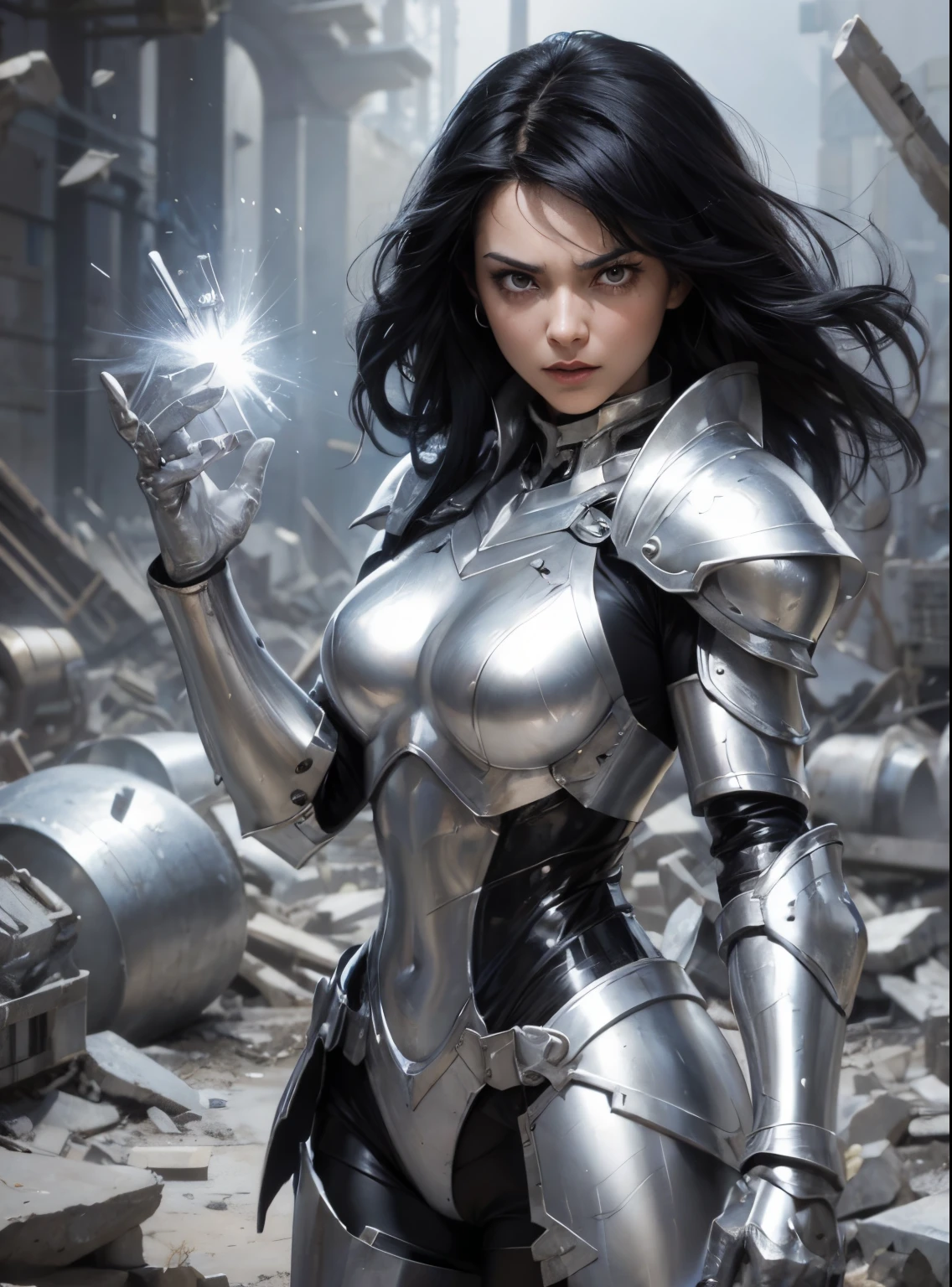 A beautiful woman is looking at the camera with her hands raised. Shining magical energy bullets were born in both hands. Black hair. black eyes. She has an angry look on her face. She wears beautiful silver-white armor. She is in a chemical research laboratory littered with rubble.