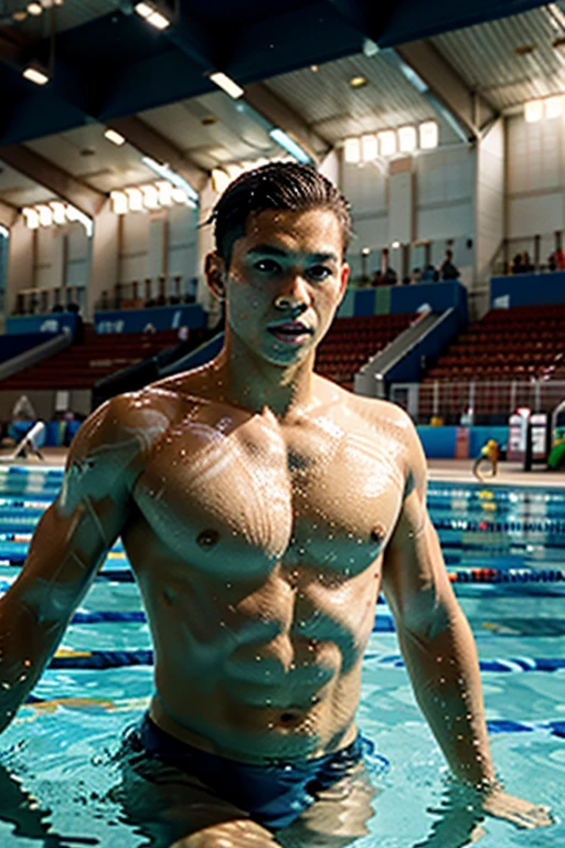(original) , (very detailed wallpaper) , (best quality) , (masterpiece) , photographic reality, realistic, very detailed illustrations, (1 guys) , Indonesian, serious face, swimming race, perfect detail, (best lighting) , (super complex details) , (Swimming in olyympic event), (olympic swimming pool), perfect(super detailed CG: 1.2) , (8K: 1.2) , realistic, rendering