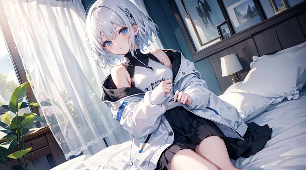 mid-shot, Look at viewers, hands behind back, girl with, 20 years old, Very short hair, long bangs between eyes, hair over shoulder, Grey Hair, Floating hair, ^ ^, pale blue eyes,, Hoodie, The shirt,Skirt, Bare shoulder, White clothes, Blue sky, Nature, Sunlight, Extremely detailed,(​masterpiece、top-quality)、独奏、1womanl、White hair、the tips of the hair are blue、Black eyes、A smile、White skin as clear as snow、Fantastical,Small breasts, Silver hair, , Beautiful eyes, Teen Girl, Ecstasy, charmed, be smitten with audience, Hoodie, Hoodie with open front, White muffler, Shoulder out,Black skirt, on the beds,inside in room,laying on back , Sunlight