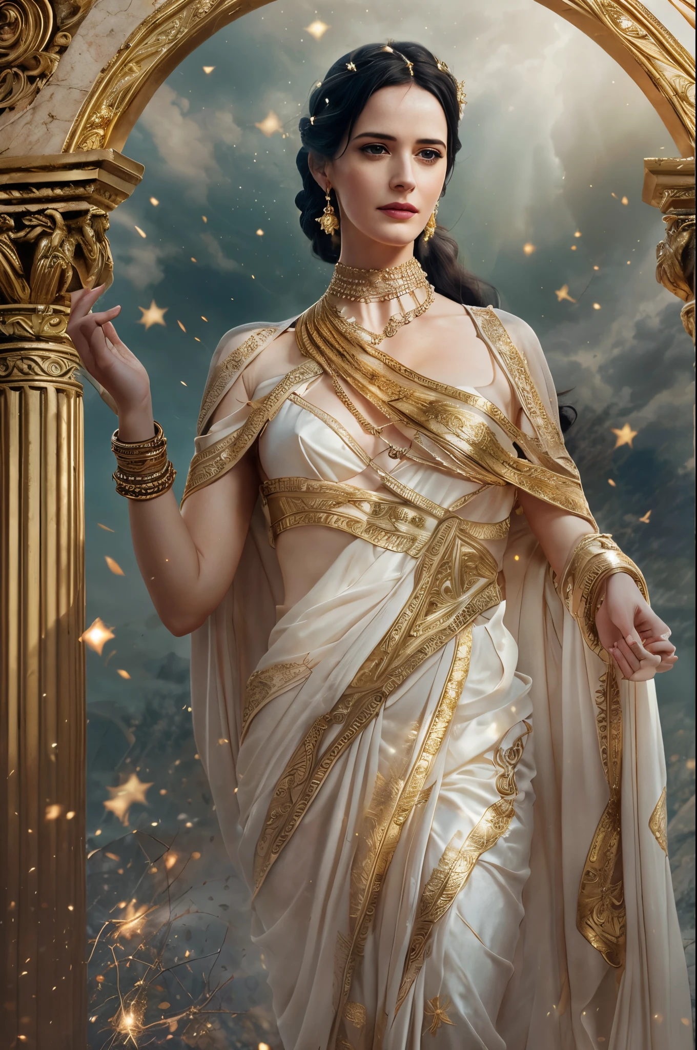 "Generate an AI image that envisions Eva Green as a majestic Greek goddess. Picture her draped in ethereal robes, adorned with intricate golden jewelry that symbolizes her divine status. Create an atmospheric scene inspired by ancient Greece, with soft lighting casting a celestial glow around her. Incorporate elements that evoke her unique allure and mysterious presence, fusing the ethereal beauty of Eva Green with the timeless elegance of a Greek deity. The final image should capture the essence of her as a goddess, blending classical aesthetics with her distinct charisma."