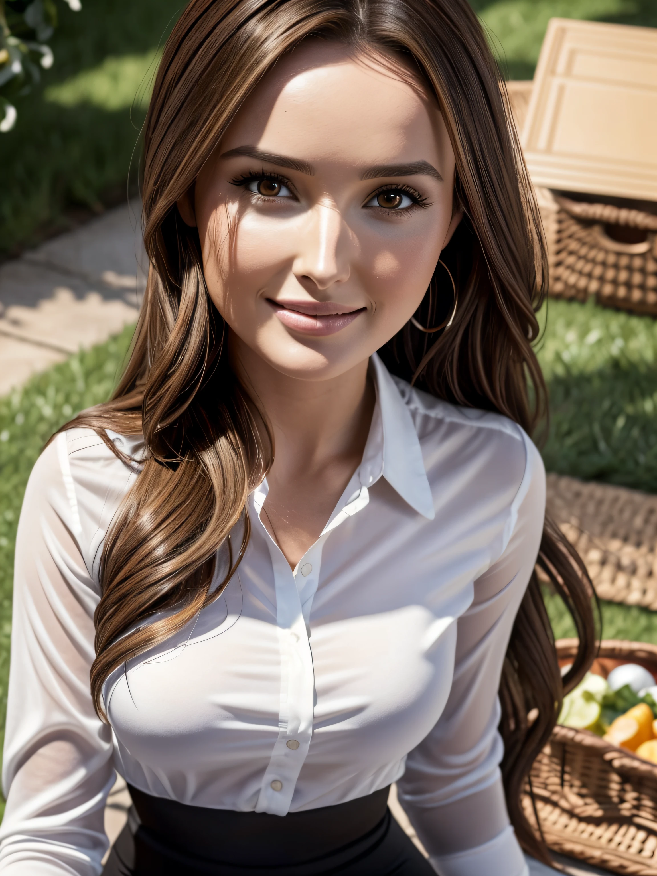 (Masterpiece), (Realistic), (Ultra realistic), (best quality), (8K), ultra-detailed, UHD, RAW, Camilla Luddington:0.3, Ana de Armas:0.7, (realistic long brown hair), (realistic dark brown eyes), straight symmetric nose, greek nose, skin texture:1.3, realistic skin, closed smile, wearing black leggings and white shirt, romantic picnic
