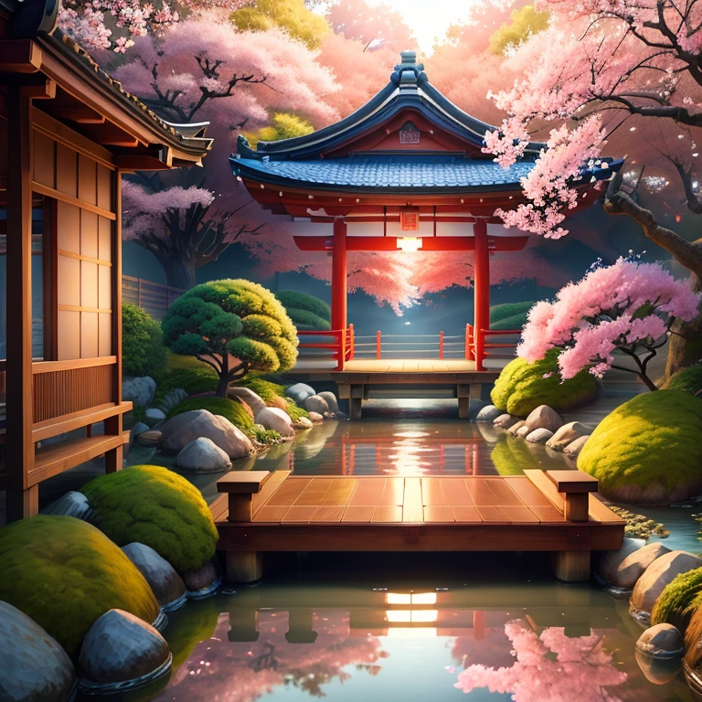 (digital painting),(best quality), serene Japanese garden, cherry blossoms in full bloom, koi pond, footbridge, pagoda, Ukiyo-e art style, Hokusai inspiration, Deviant Art popular, 8k ultra-realistic, pastel color scheme, soft lighting, golden hour, tranquil atmosphere, landscape orientation