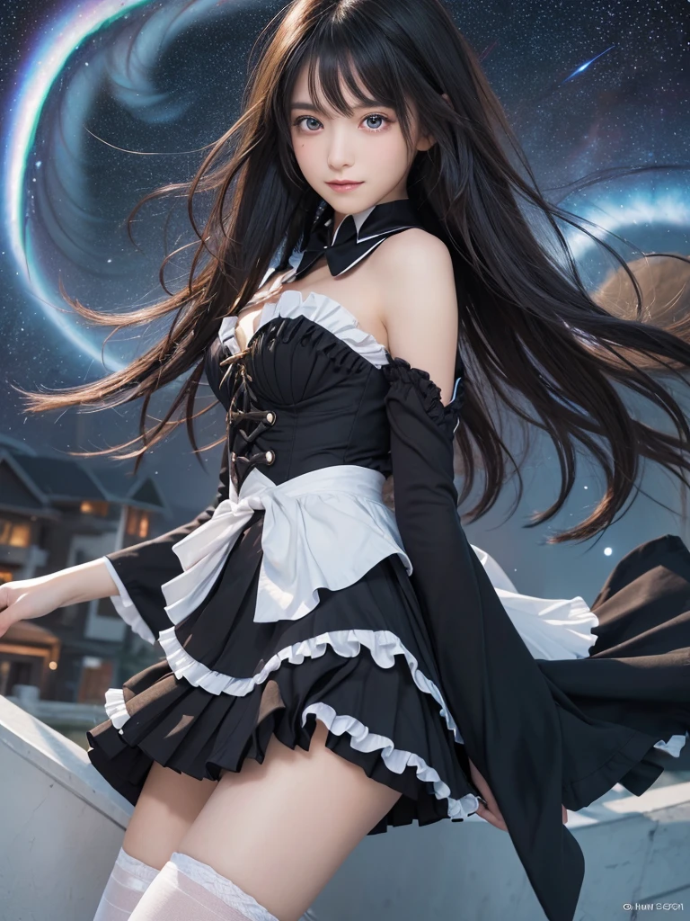 ((masterpiece)), (((best quality))), ((ultra-detailed)), ((illustration)), ((disheveled hair)), beautiful detailed eyes, (1girl:1.2), (solo), dynamic angle, dark magician girl, (black kneehighs:1.1), (starry tornado:1.4), starry Nebula, ((frills)), beautiful detailed sky, beautiful detailed eyes, evil smile, expressionless, hairs between eyes, white hair, pleated skirt, ((disreveled hair)),20 years old,NFSW