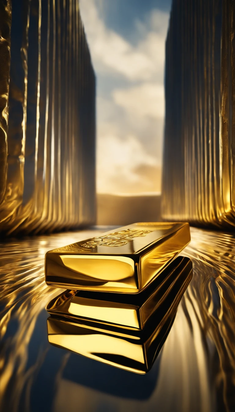 (gold bar, surreal art, crisp texture, luxurious style,detailed reflections,brushstrokes:1.1,vivid colors,high contrast lighting,abstract composition,shadows:1.1)