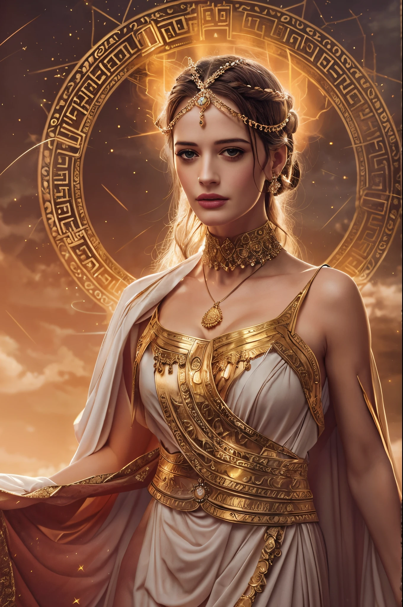 "Generate an AI image that envisions Eva Green as a majestic Greek goddess. Picture her draped in ethereal robes, adorned with intricate golden jewelry that symbolizes her divine status. Create an atmospheric scene inspired by ancient Greece, with soft lighting casting a celestial glow around her. Incorporate elements that evoke her unique allure and mysterious presence, fusing the ethereal beauty of Eva Green with the timeless elegance of a Greek deity. The final image should capture the essence of her as a goddess, blending classical aesthetics with her distinct charisma."