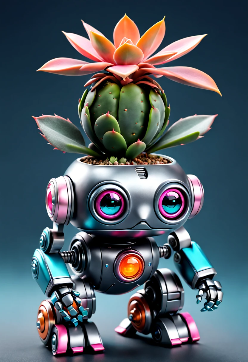 a little green and blue succulent plant's robot concept art made by jrtl, in the style of hyper realistic animal illustrations, dark gray and pink, adorable toy sculptures, succulent plant, silver and orange, aggressive digital illustration, precision painting