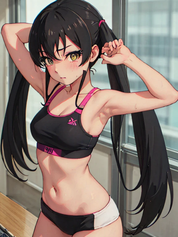 masterpiece, best quality, highres, Matoba Risa, 1girl, solo, busty, small breasts, black hair, twintail , sport bra, blush, looking at viewer, full body, standing, simple background, (erotic pose:1.4), (blush, flustered), ((arms behind head, double armpits)), Half body, upper body, In the middle, symmetrical, crouching down, half-squat