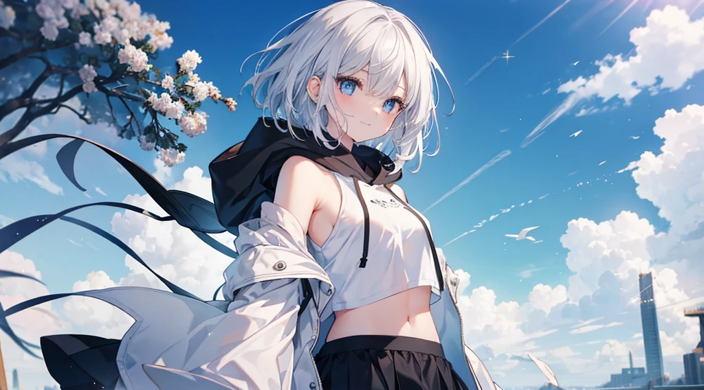 mid-shot, Look at viewers, hands behind back, girl with, 20 years old, Very short hair, long bangs between eyes, hair over shoulder, Grey Hair, Floating hair, ^ ^, pale blue eyes,, Hoodie, The shirt,Skirt, Bare shoulder, White clothes, Blue sky, Nature, Sunlight, Extremely detailed,(masterpiece、top-quality)、独奏、1womanl、White hair、the tips of the hair are blue、Black eyes、A smile、White skin as clear as snow、Fantastical,Small breasts, Silver hair, , Beautiful eyes, Girl, Ecstasy, charmed, be smitten with audience, Hoodie, Hoodie with open front, White muffler, Shoulder out,Black skirt, snowscape , Sunlight,having katana