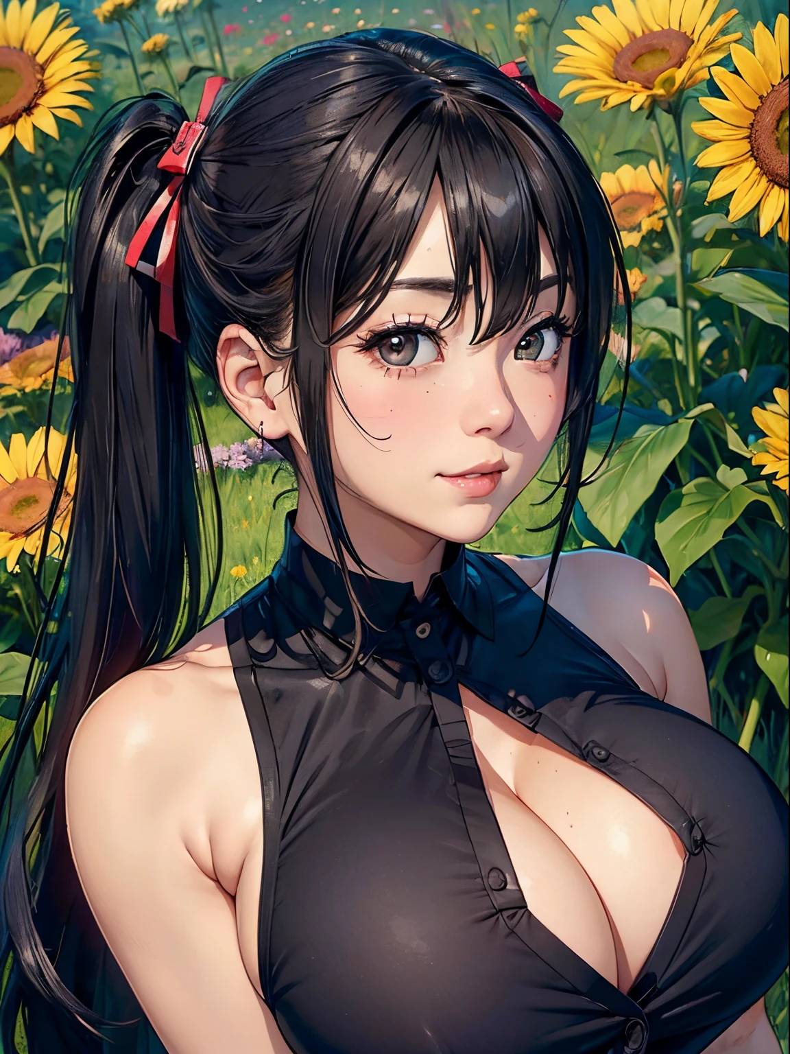 Adult women、(masterpiece:1.4)、(in 8K、realisitic、Raw photo、top-quality:1.4)、(Real Face:1.4)、(real looking skin:1.3)、超A high resolution、A hyper-realistic、Brown eyes、full bodyesbian、high detailing、cute face、耳环、Black hair twintails、big gray ribbon on head、Black dress、(huge-ed:1.5)、Blushing、a smile、flower field、flower bouquet