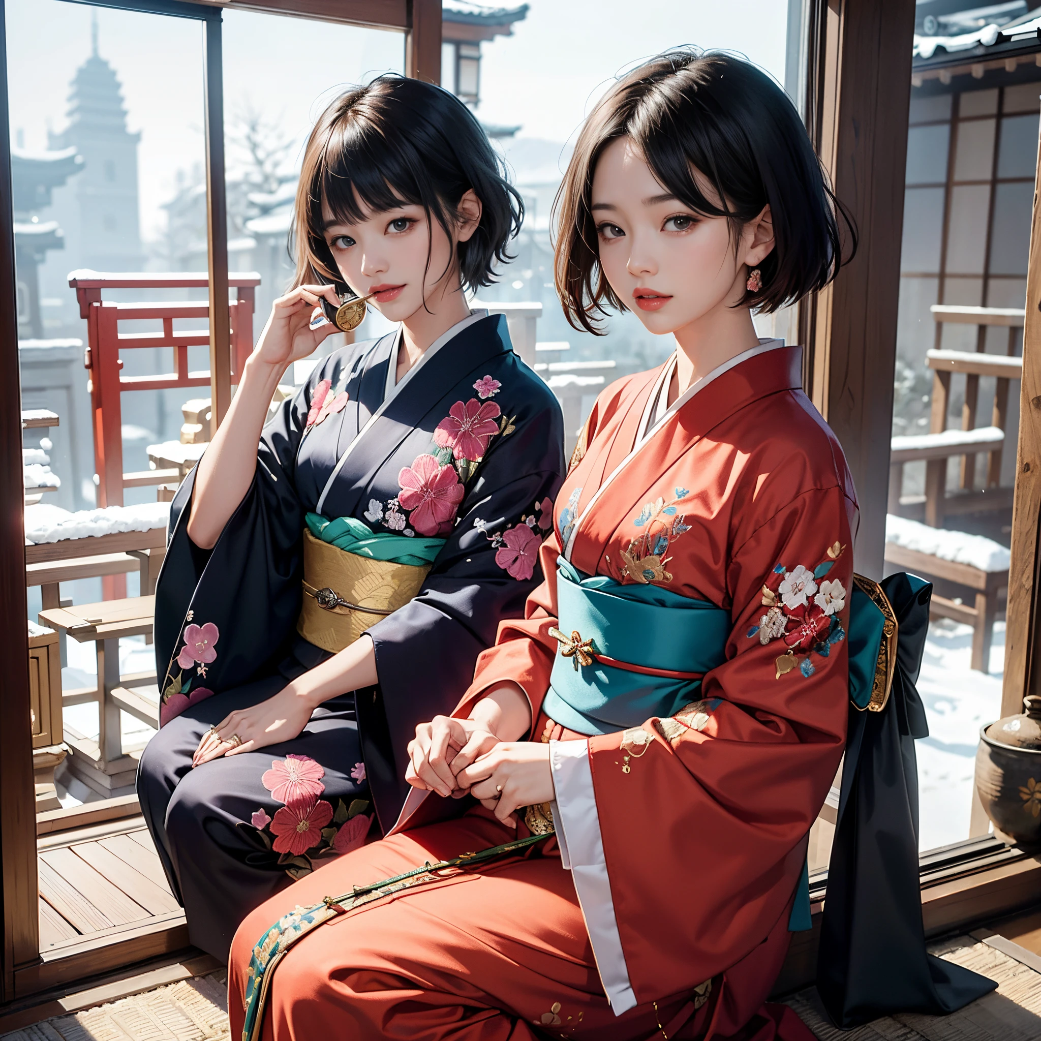 Background of details(Outside the window is the snowy city of Kyoto),BREAK ,elaborate costume(Luxurious Japan kimono(Colorful kimono(detailed embroidery))),BREAK,(1 Beautiful and classy adult woman(Shy smile:1.2)(Japanese actressl:1.2)(A dark-haired:1.2(short-hair:1.2)(inner colored(reddish)))),(eye glass:1.2),(eating zaru soba),BREAK,Wallpapers 16K,Blur the background,)(masutepiece,Best Quality,Portrait photos):1.5),full body Esbian