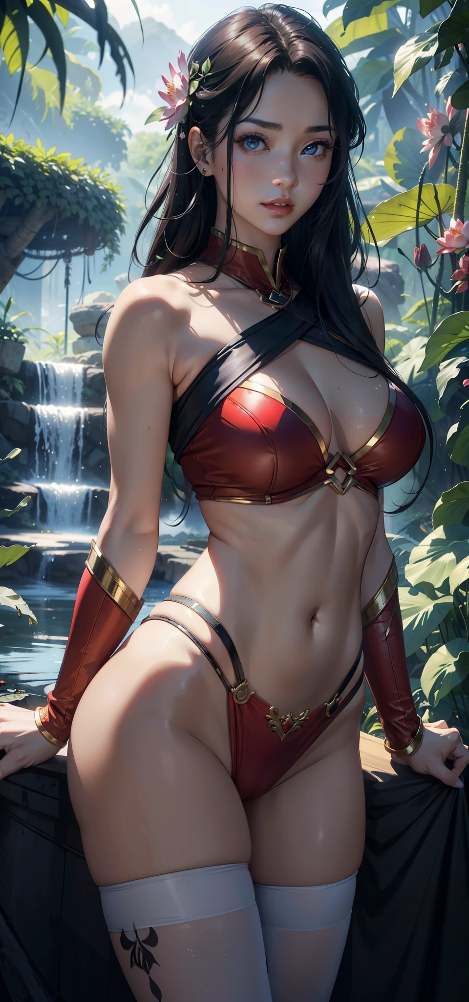 1人の女性,33yo,熟妇,The chest is large,Raised sexy, photo exposure, 独奏,(Background with:the rainforest,lotus flower,Ground area water)Stand deep in the forest, She has short black hair,Redlip,Nakeness girl,dynamicposes,seen from the front, hair straight, The sky is mostly cloudy,(((tmasterpiece),(Very detailed CG unified 8k wallpaper),Best quality,电影灯光,detailed back ground,beautidful eyes,Bright pupils,(very delicate beautiful),(Beautiful and detailed eyes description)黑The eye,Redlip,ultra - detailed,tmasterpiece,)),facing at the camera,(Upper part of the body),A high resolution,ultra - detailed),Expose breasts exposed,Bare genitals, convex,Genital leakage,incontinence,legs are open,sexyposture,Camel toes,Supergirl(dressed in:,nakeness,shorter pants,Superman uniform) ,Bare lower body