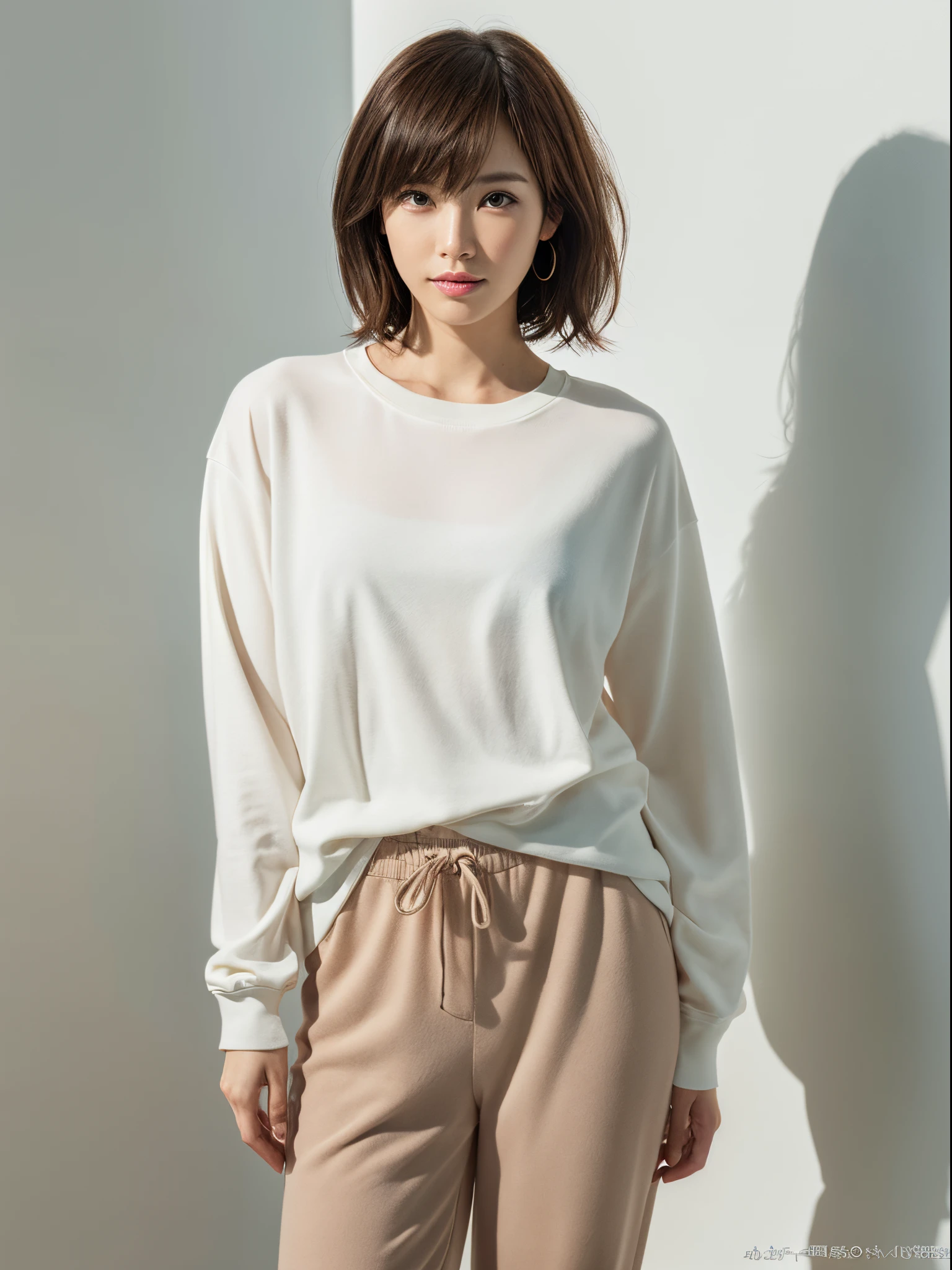 A woman in a white shirt and tan pants posing for a picture - SeaArt AI