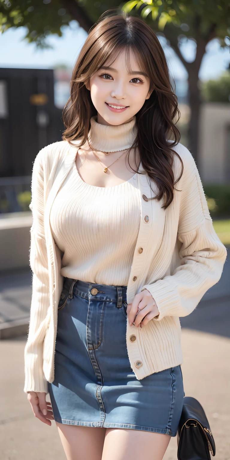 25 years old women, black wavy long hair、bangss、tight beige turtleneck sweater, Puffy nipple、Tight denim skirt, jaket、Medium milk, cute smile face、(Leans forward heavily)、(Emphasis on the chest)、sexy hips、cover your butt with both hands、high-heels、Parks with lakes、sexy pose、Big necklace、耳环、Photos showing the whole body
