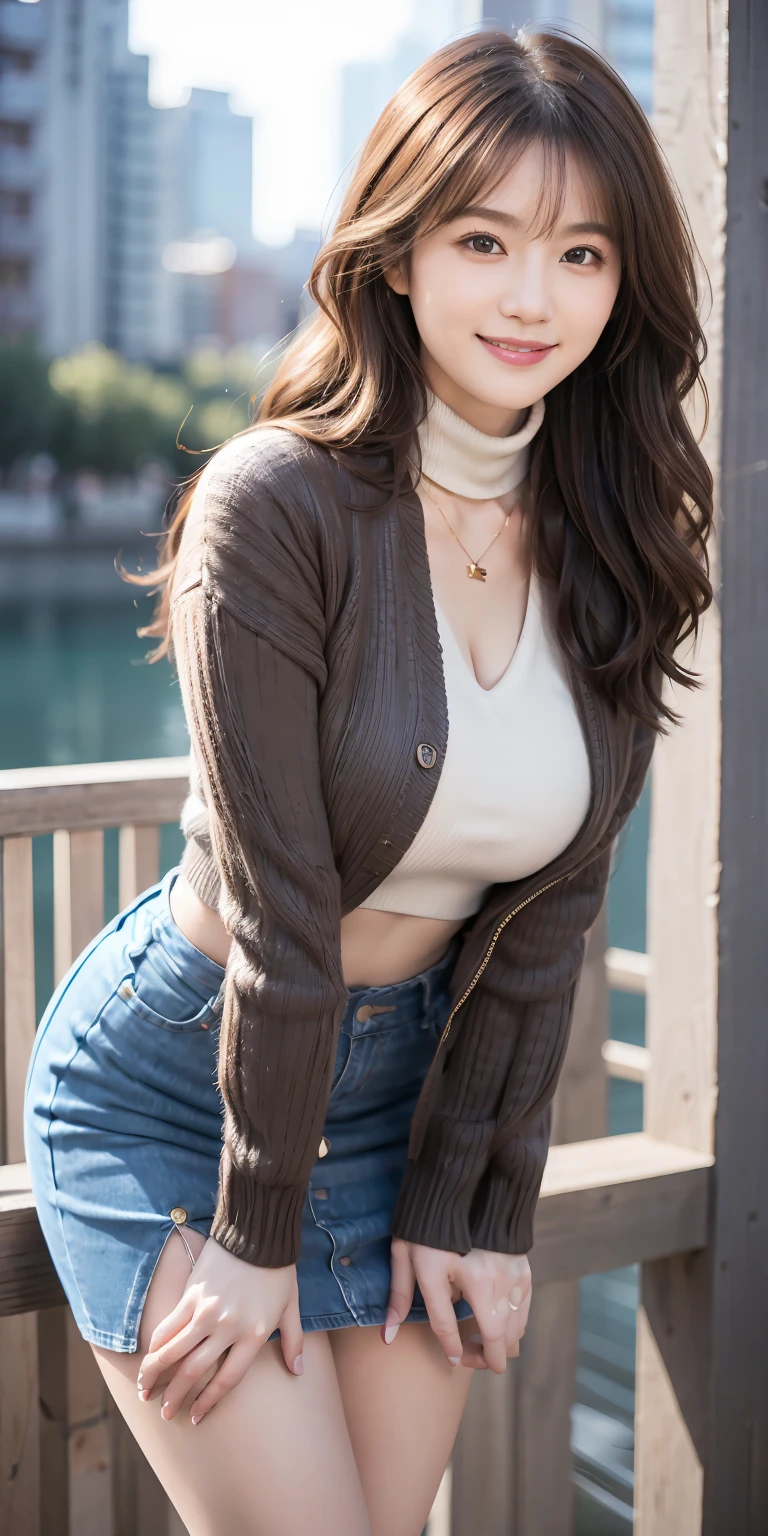 25 years old women, black wavy long hair、bangss、tight beige turtleneck sweater, Puffy nipple、Tight denim skirt, jaket、Medium milk, cute smile face、(Leans forward heavily)、(Emphasis on the chest)、sexy hips、cover your butt with both hands、high-heels、Parks with lakes、sexy pose、Big necklace、耳环、Photos showing the whole body