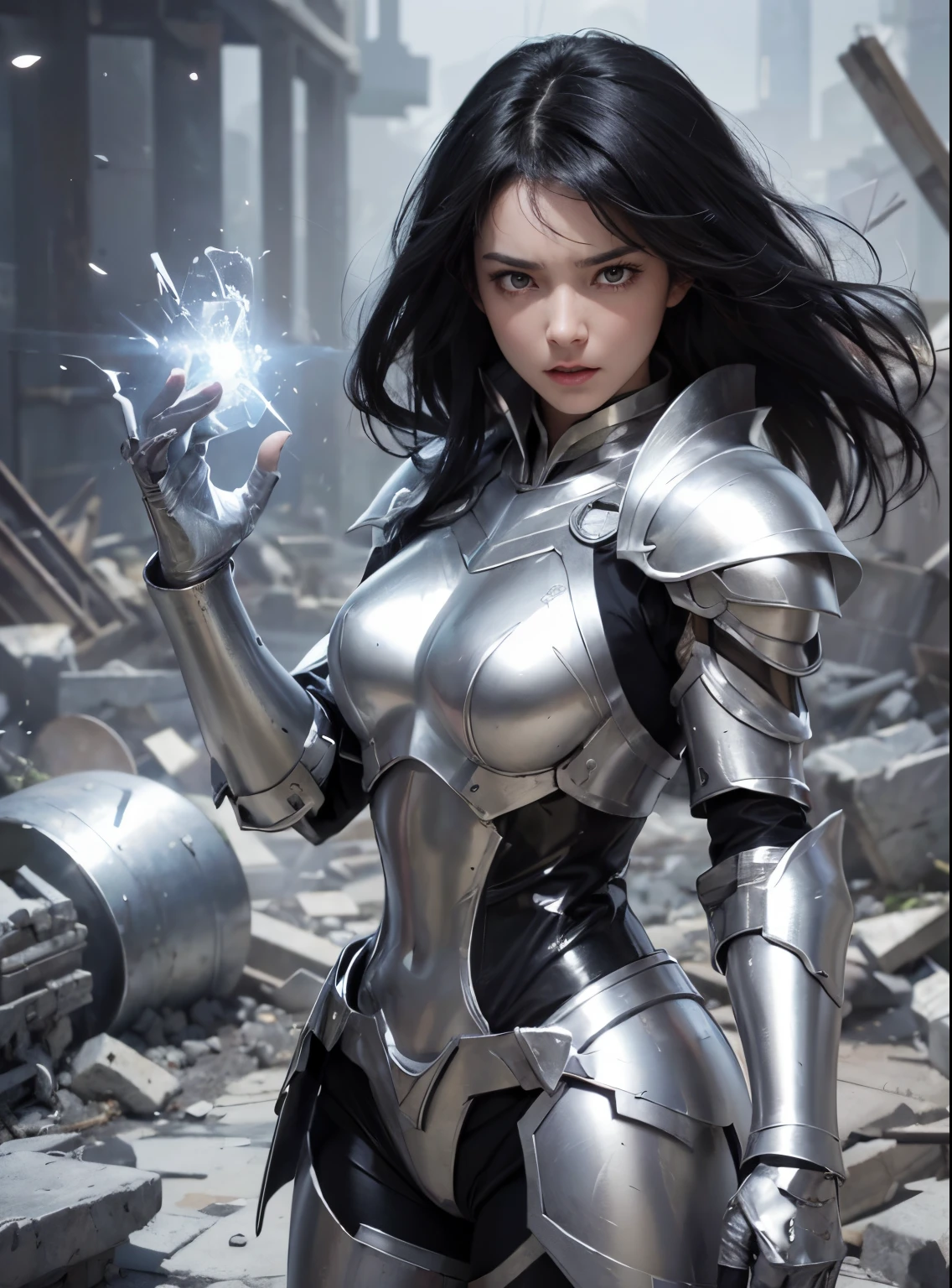 A beautiful woman is looking at the camera with her hands raised. Shining magical energy bullets were born in both hands. Black hair. black eyes. She has an angry look on her face. She wears beautiful silver-white armor. She is in a chemical research laboratory littered with rubble.