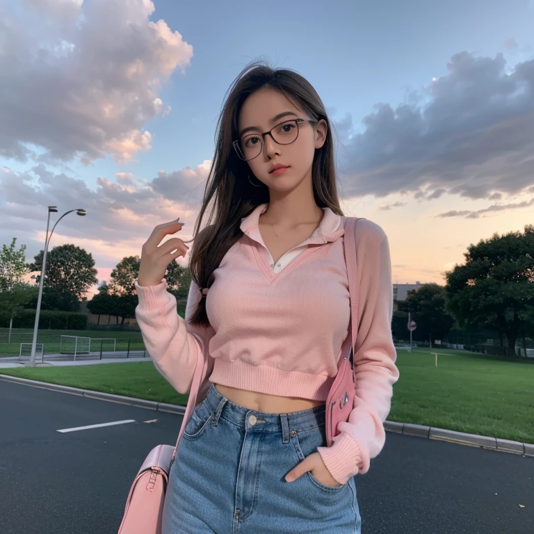 a high school student，very tired，schoolgirls，Need，correct human ???????，Glasses are normal，Bigboobs，schoolbag，earphone，Wear glasses，Holding a book，Pink bubbles are rising in the sky，twilight，Buble，campus，look into the distance