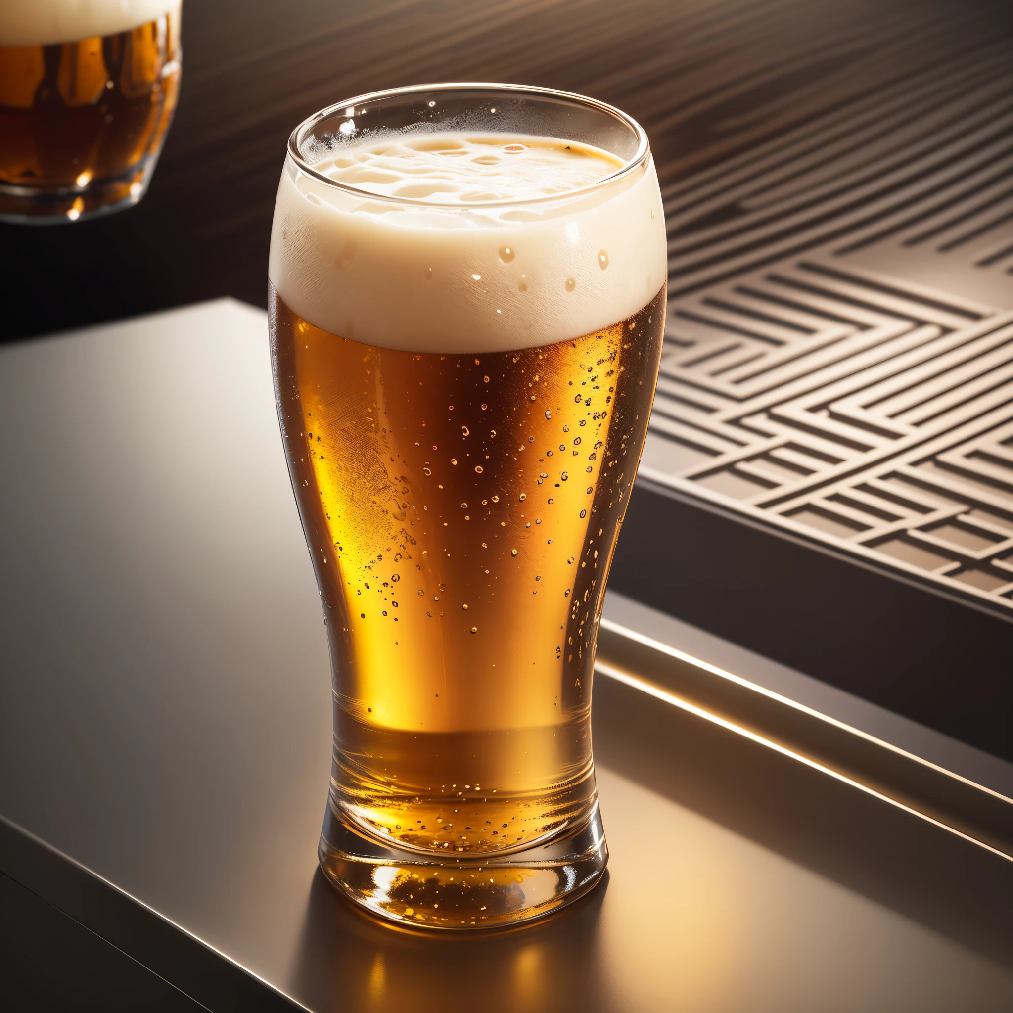 Items and Setting:  Beer glass Bar counter Eye-level perspective Rendering Details and Texture:  High definition Transparent beer glass Beer foam Details on the bar counter (possibly decorations, lighting, etc.) Color and Lighting:  Beer color Lighting effects Shadows Ambiance and Emotion:  Relaxed Enjoyment Refreshing Comfortable Composition and Visual Effects:  Non-distorted beer glass Aesthetic balance Color contrast --auto --s2