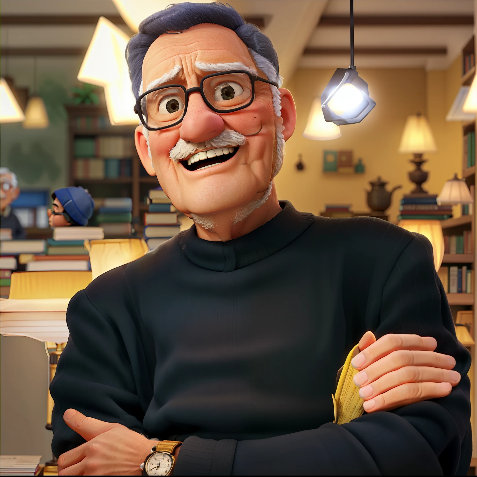 A wise old man standing in front, illuminated by the light of a lamp, against the backdrop of a library
