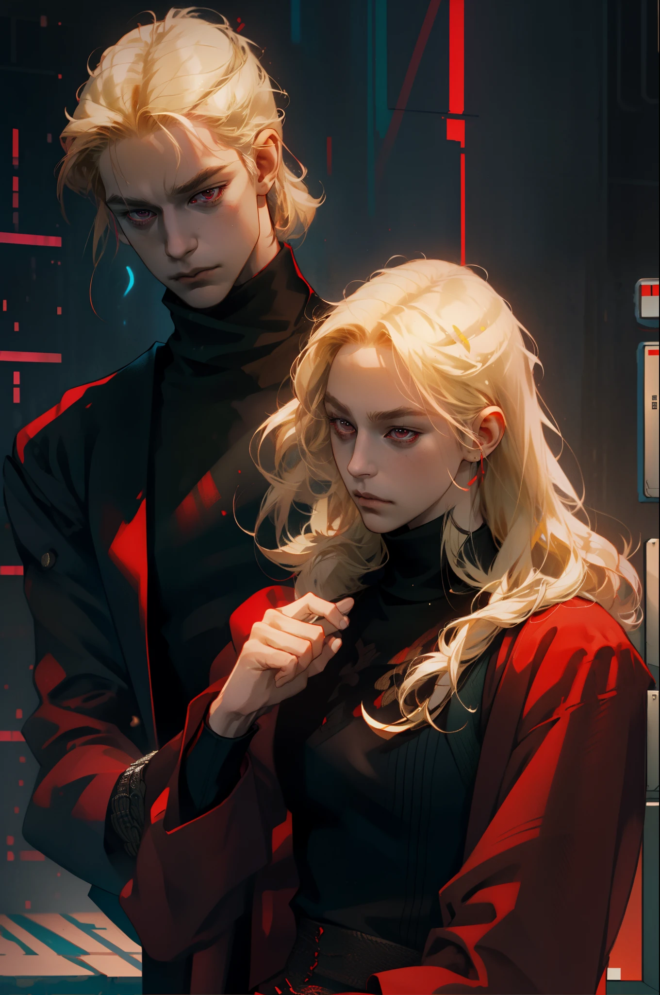 NSFW, tmasterpiece, beste-Qualit, Ultra-detailed, semi-realistic, Detailed facial features, 1boy, blond, hairlong, eyeglasses, red-eyes, Cyberpunk clothes, Indoors, looks at the monitor, black turtleneck, Neat hands