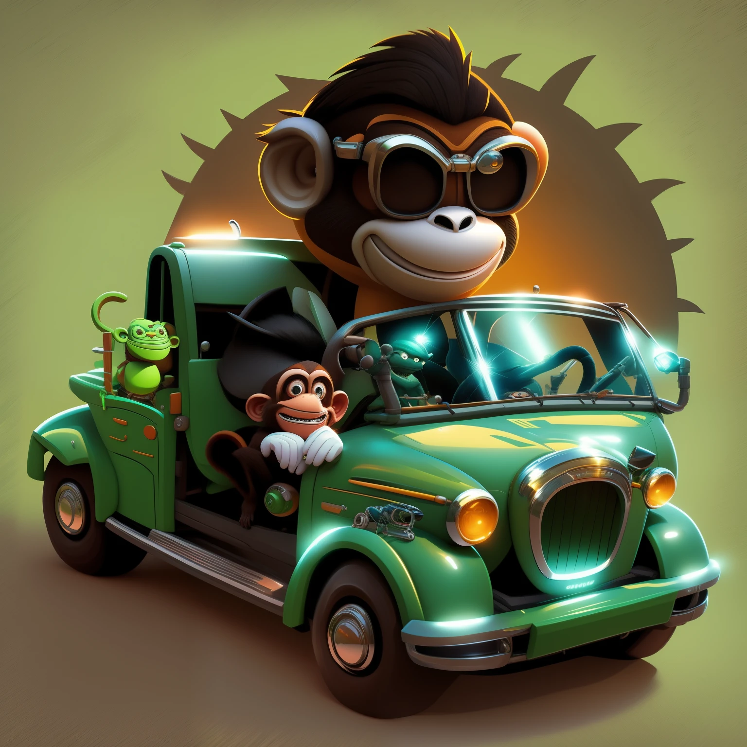 cartoon monkey driving a green car with a monkey on the back, humanoid monkey fantasy race, stylized digital illustration, in style of digital illustration, monkey, high quality artwork, background artwork, cartoon art, cartoon artstyle, cartoon style illustration