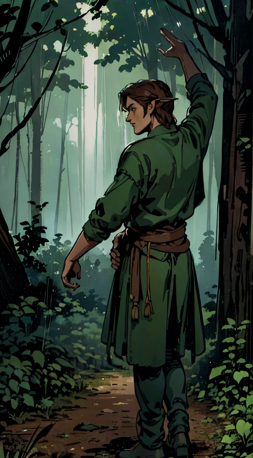 Man with brown hair, Pointed ears and green eyes dancing in the woods，The picture is dark，Only the back of the character can be seen，it is raining，long whitr hair，A wider range of body movements