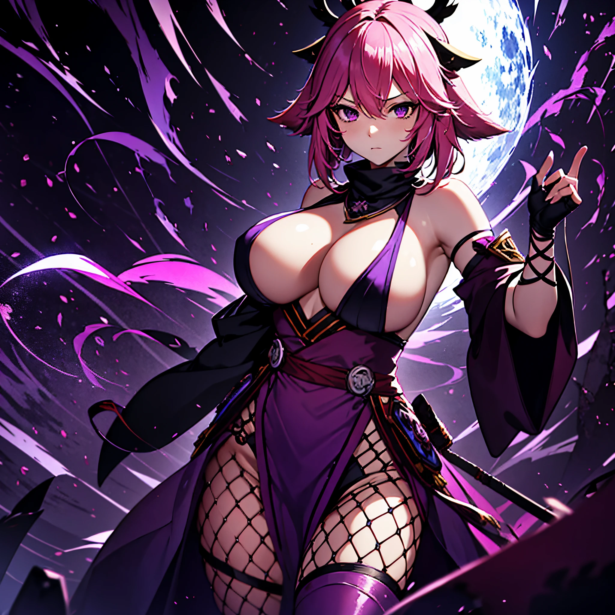 1 girl, solo, Yae_Miko, pink hair with red tips, short hair, intricate eyes, light red eyes, large breasts, diamond-shaped boob window, shinobi outfit, red and purple sleeveless ninja tunic, highly detailed tunic, purple leg fishnets, cool pose, purple lightnings all around, serious expression, purple smoke, dim lighting