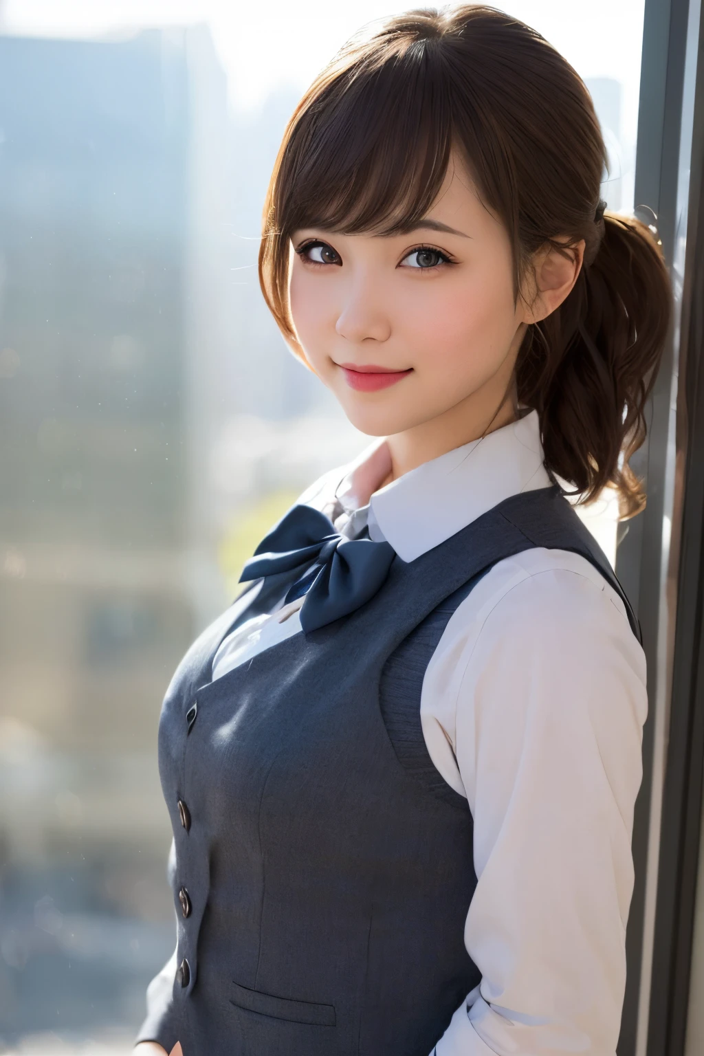 1girl, matured female, vest, bow, photo, realistic, best quality, hires, detailed face, office, buildings from window, detailed background, diffused sunlight, depth of field, bokeh