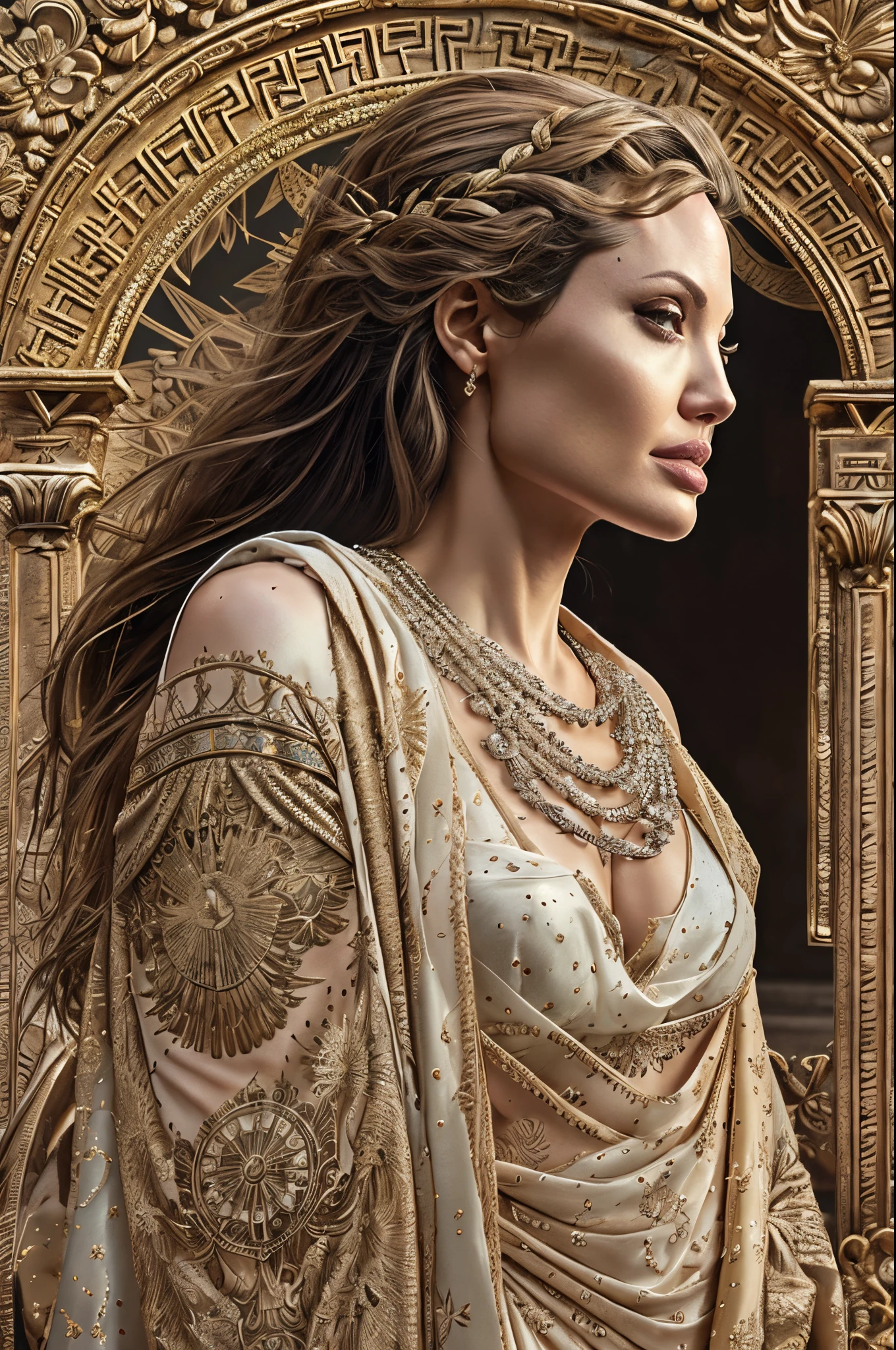 "Generate an AI-powered image that envisions Angelina Jolie as a majestic Greek goddess. Picture her draped in ethereal, flowing robes adorned with intricate patterns reminiscent of ancient Greek aesthetics. Emphasize her regal posture and celestial aura, placing her in a mythical setting where divine light bathes her surroundings. Incorporate symbols of power and wisdom, such as a laurel wreath or a symbolic artifact. Capture the essence of Angelina Jolie embodying the grace, strength, and timeless beauty of a goddess in the rich tapestry of Greek mythology."