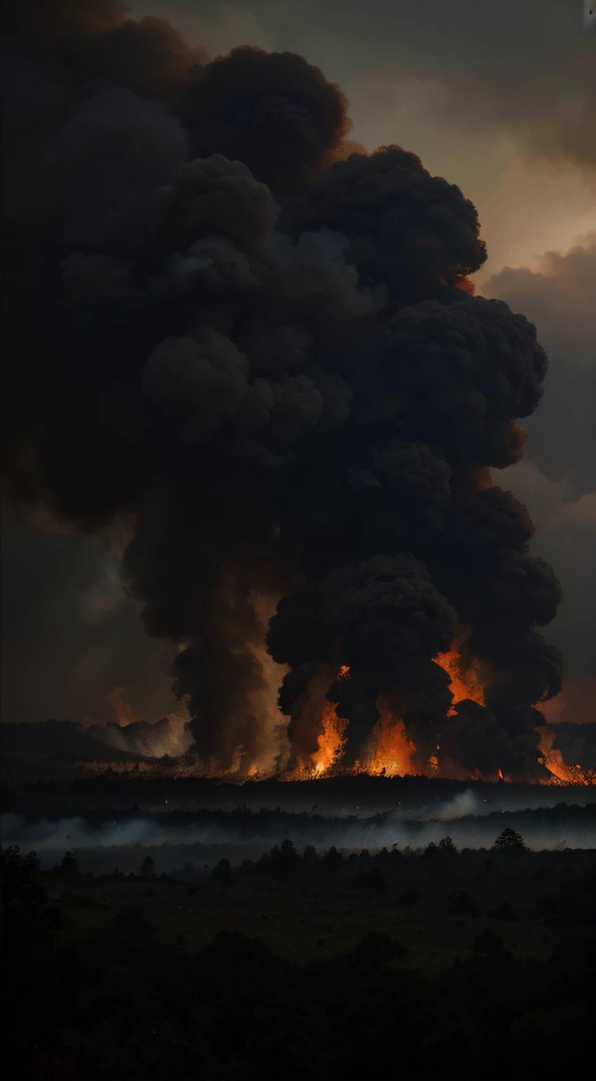 Forest fires unleashing thick smoke, a scene of environmental distress. Trees engulfed in flames, their outlines obscured by billowing clouds of dark smoke. The air is heavy with the acrid scent of burning wood. Wildlife flees, silhouetted against the backdrop of an orange-tinged sky. The landscape is transformed into a surreal and ominous tableau, as the fires rage, releasing plumes of smoke that cast a pall over the once-lush surroundings