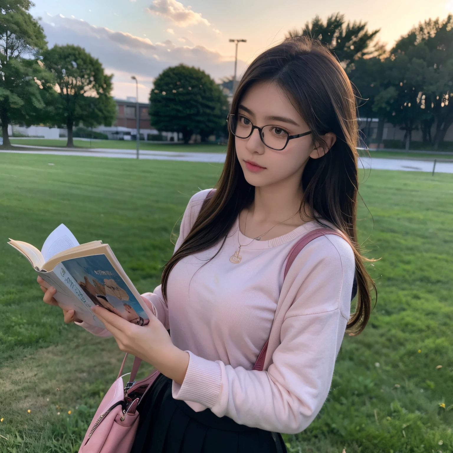 a high school student,very tired,schoolgirls,Need,correct human anatomy,Glasses are normal,Bigboobs,schoolbag,earphone,Wear glasses,Holding a book,Pink bubbles are rising in the sky,twilight,Buble,campus,look into the distance