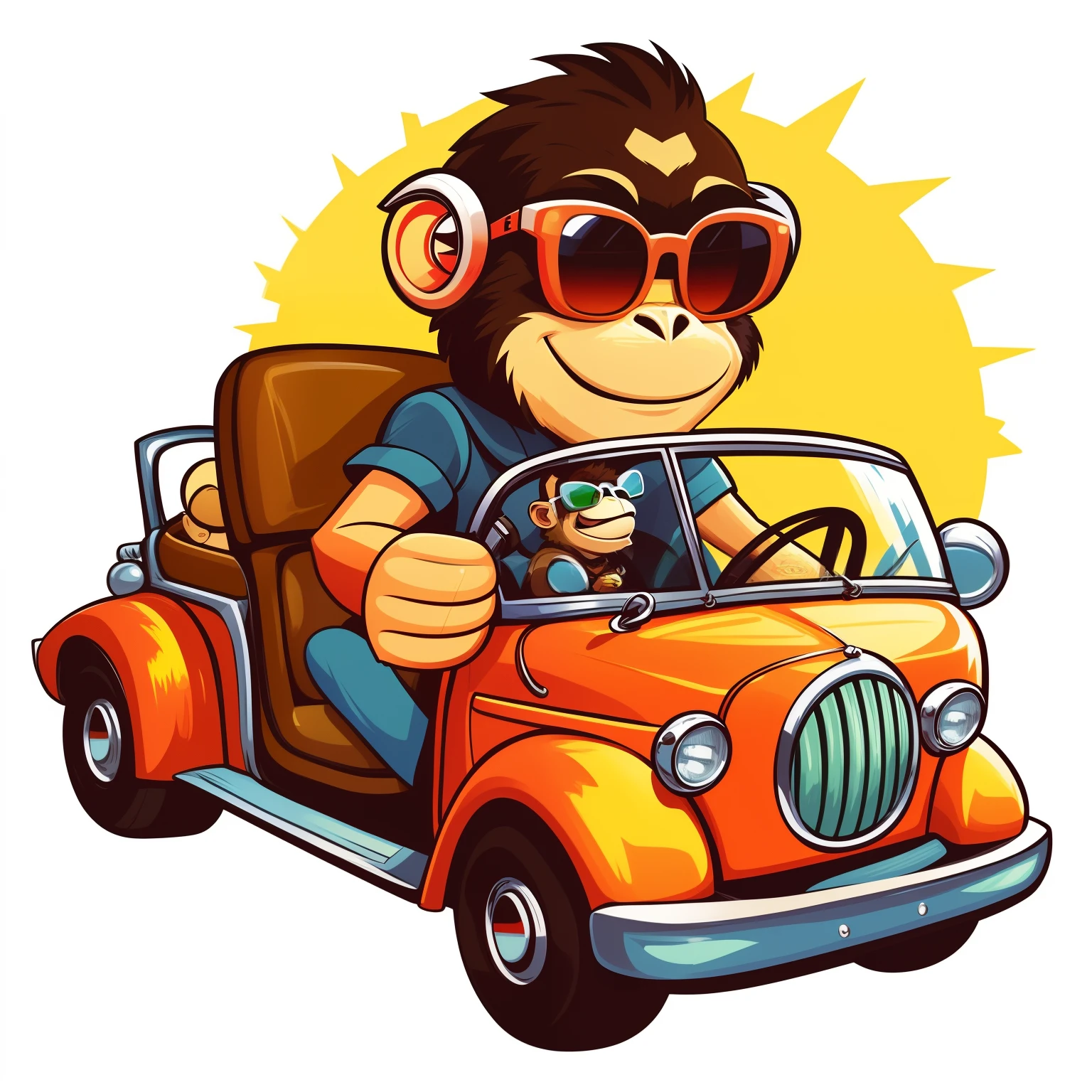 monkey driving a car with sunglasses on, driving a green car, the creature sits in a car, cartoon style illustration, humanoid monkey fantasy race, looking heckin cool and stylish, stylized digital illustration, driving a hotrod, monkey, bigfoot wearing sunglasses, driving in a little toy car, retro style art, driving, inspired by Alex Petruk APe, mascot illustration