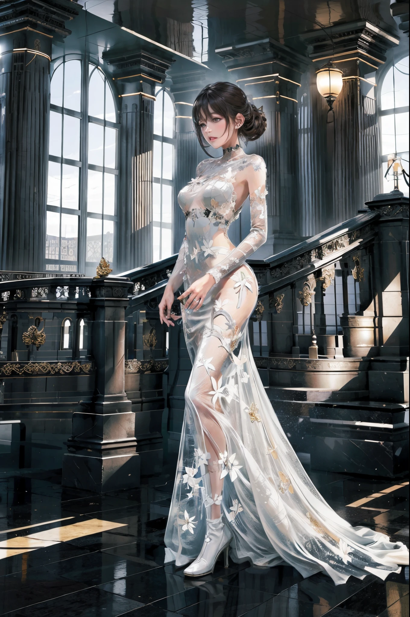 ，（tmasterpiece：1.2，high high quality），（pix：1.4），Full body lesbian,8k portrait of beautiful robot with brown hair, iintricate, Elegant, The content is very detailed, Majestic, digital photography, Art germ、Surrealist gold butterfly filigree paintings by Nguyen Chia and Greg Rutkoski, brokenglass, (tmasterpiece, Side seams, Eyes are delicate and beautiful: 1.2), HighDynamicRange, (Detailed background window for the new dimension, plants and flowers:0.7) unlimited, Infinity symbol,