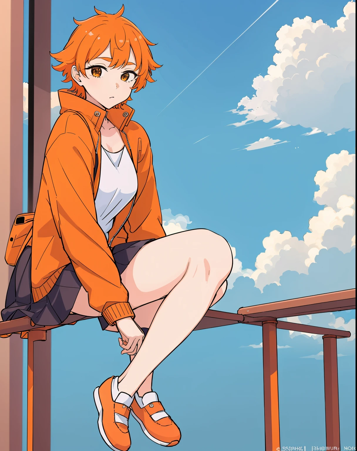 ((masterpiece)), (best quality:1.7), (detailed:1.4), (high res:1.4), 8k, (colorful:1.5), 2d, high resolution, sharped image, 4k, hd, 1girl, (((solo))), chita_(yancha gal), full body, small breast, orange jacket, black skirt, school shoes, orange hair, sky, clouds, long legs, street, standing, (((large legs))), adult character, buildings, sitting, on a edge,