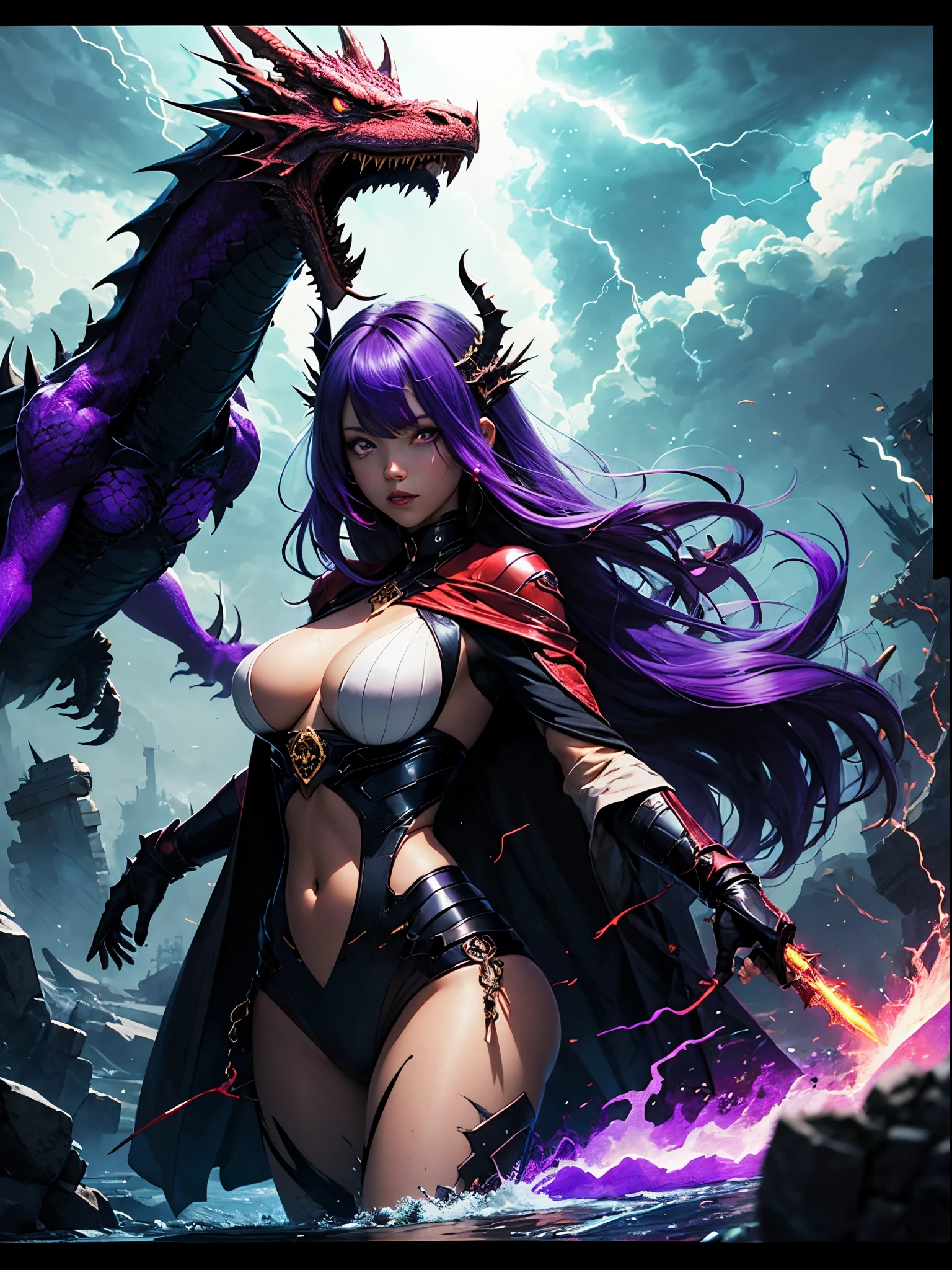 Anime girl dark purple long hair, dark purple background, huge dragon in the background, purple sharp lightning eyes, with scar