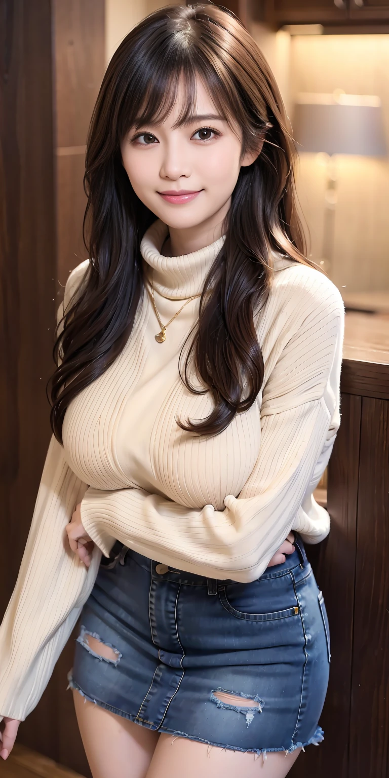 25 years old women, black wavy long hair、bangss、tight beige turtleneck sweater, Puffy nipple、Tight denim skirt, jaket、Medium milk, soft boob、cute smile face、(Leans forward heavily)、(Emphasis on the chest)、sexy hips、cover your butt with both hands、high-heels、Parks with lakes、sexy  pose、Big necklace、耳环、Photos showing the whole body