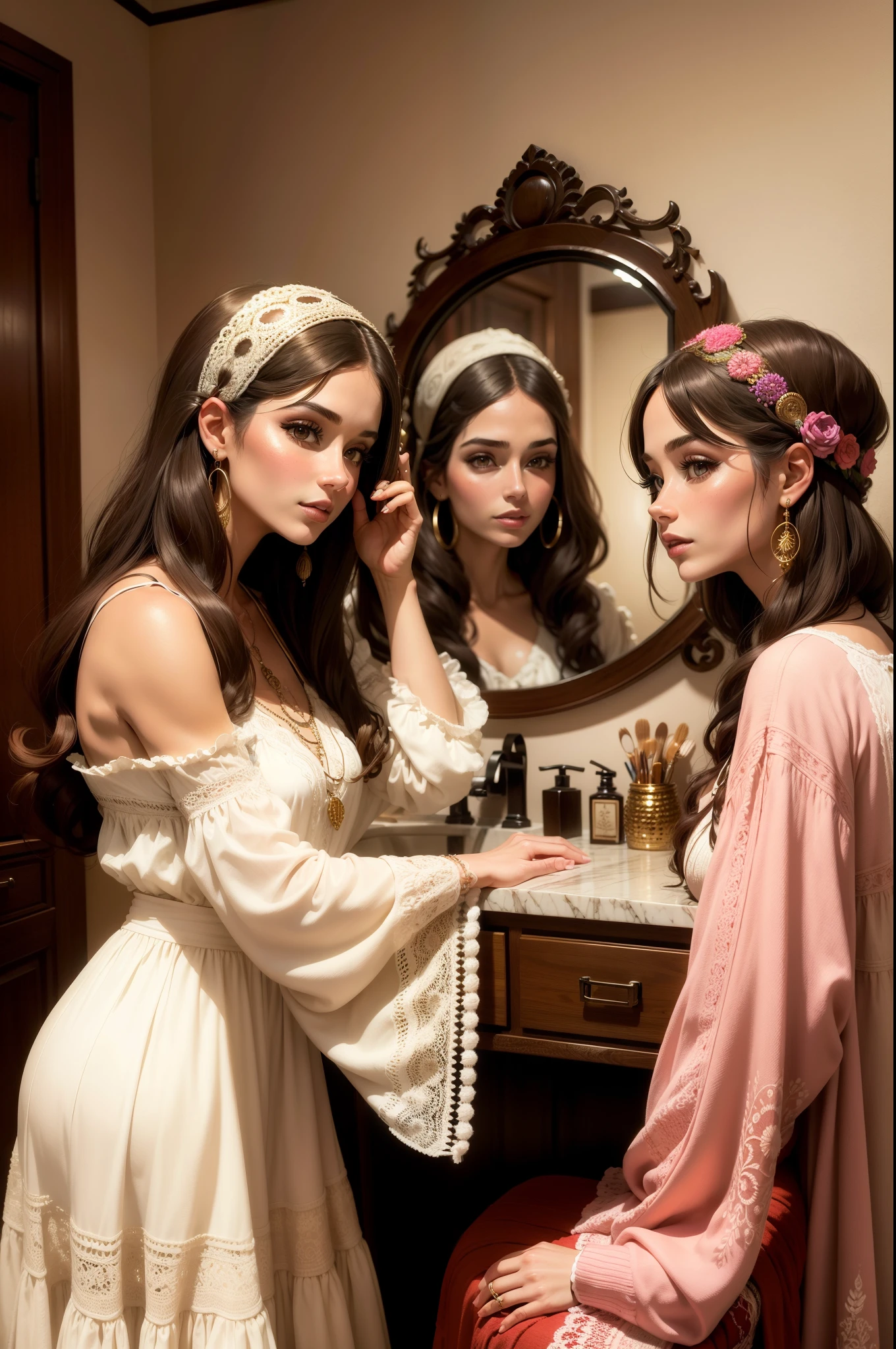 Estilo boho-chic. Una hermosa mujer ayuda a su hermosa hermana a maquillarse. They are in a room with a stunning vintage style vanity. Son mujeres que se visten de una manera moderna muy atractiva.. 2023.