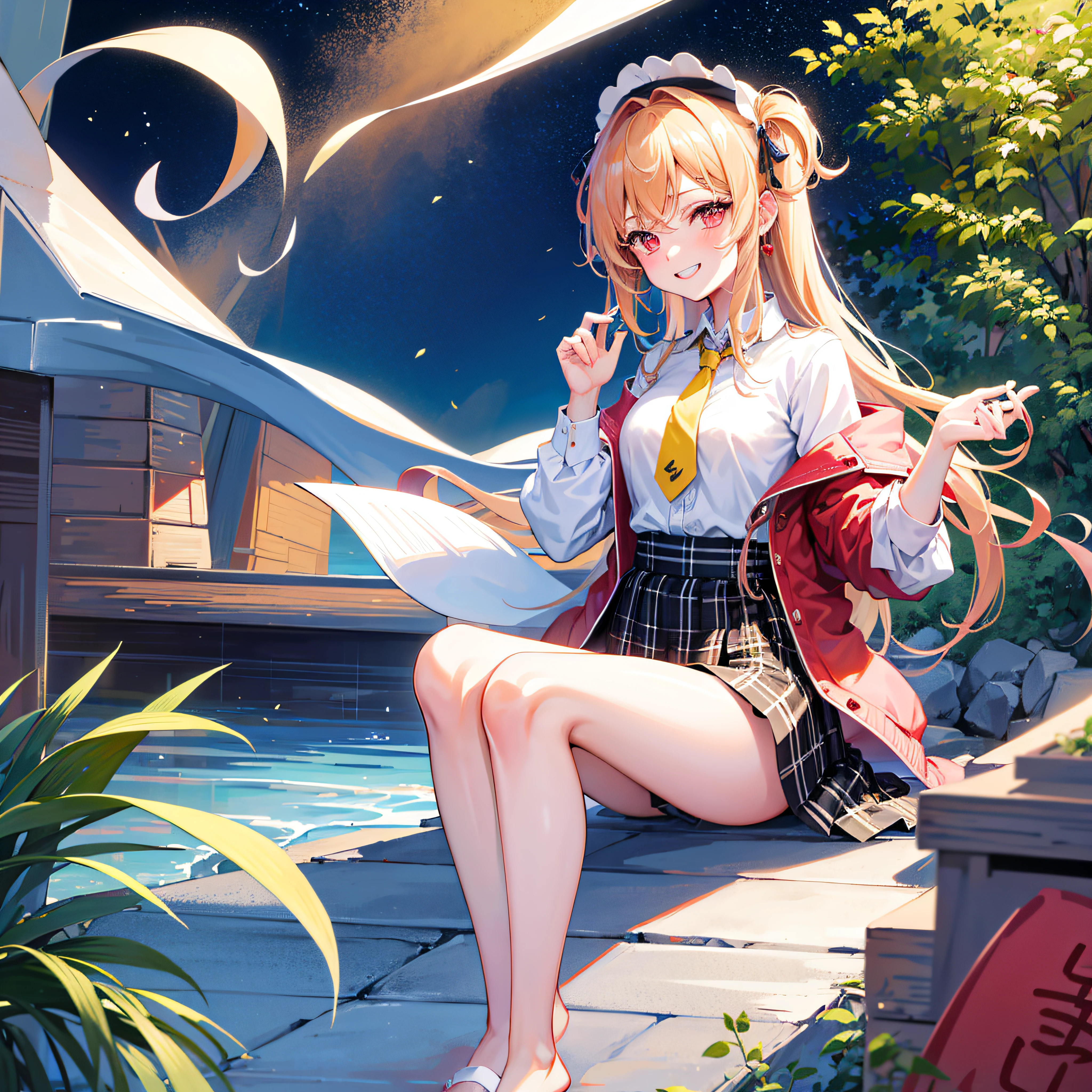 masterpiece, best quality, 1girl, long hair, bored, sitting, feet up, soles, forest 1girl, bangs, choker, necktie, ear piercing, masterpiece, best quality, 1girl, long hair, bored, sitting, feet up, soles, forest <feetPoseAnime_v11:0.6,eyebrows visible through hair, grin, gyaru, jewelry, kogal, long hair, looking at viewer, loose necktie, necktie, piercing, plaid, (比基尼),red eyes, ring, smile, solo, white shirt, 樱花树下,樱花盛开,nsfw,清澈见底湖水旁,金发,渐变头发,皎洁的月光,(美丽的夜晚)粉色乳晕,露出三角内裤,全身湿透,(两侧马尾辫),night(粉发),双马尾