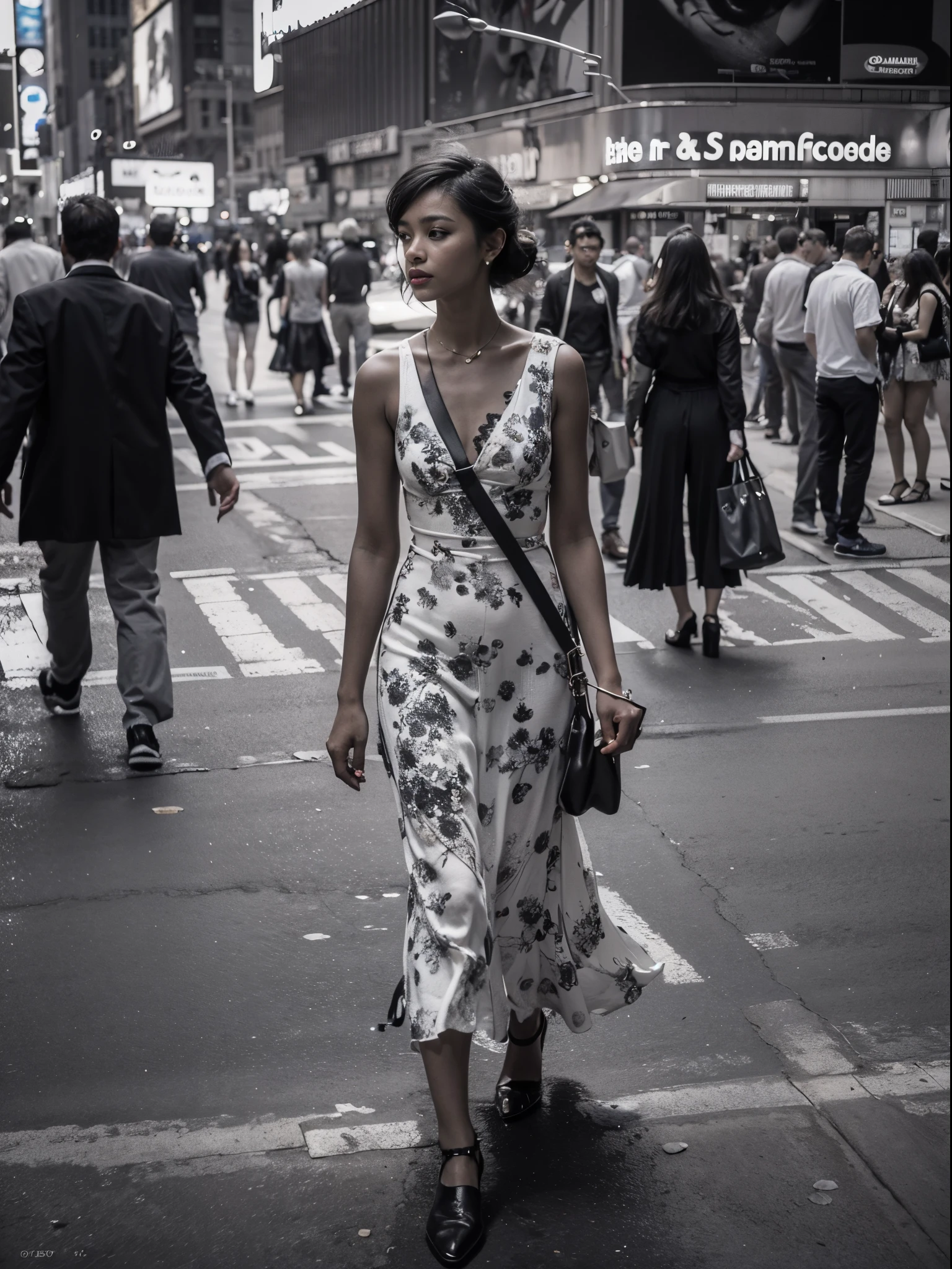 araffe woman walking down a busy city street in a dress, a black and white photo inspired by Peter Lindbergh, tumblr, digital art, in time square, standing in time square, 4x5 styled street photography, street photo, street photography style, shot with hasselblad, shot on hasselblad, in times square, street photograph, street photography, mesmerizing, ((black and white photography)), (low key)