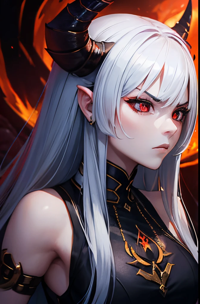 A Hyperrealistic, Portrait, Female Demon warrior at hell, Perfect Body, Perfect Face, Angry