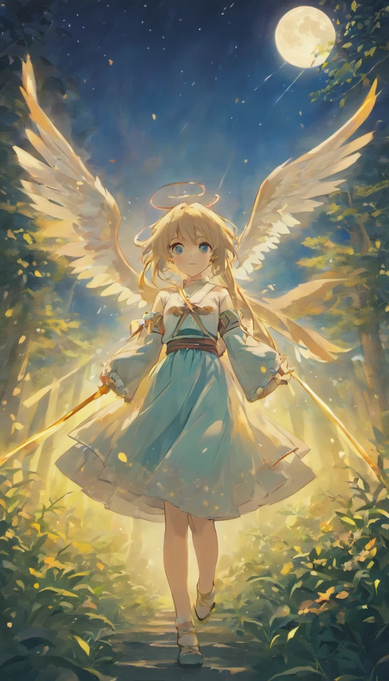 girl,nakoruru,(best quality,4k,8k,highres,masterpiece:1.2),ultra-detailed,(realistic,photorealistic,photo-realistic:1.37),traditional,anime,forest,peaceful,sword,warrior,courageous,strong,powerful,beautiful detailed eyes,beautiful detailed lips,long hair,flowing dress,birds,flying,flowers,butterflies,serene,trees,moonlight,gentle,breeze,calm,colorful,vivid colors,soft,pastel colors,warm lighting.