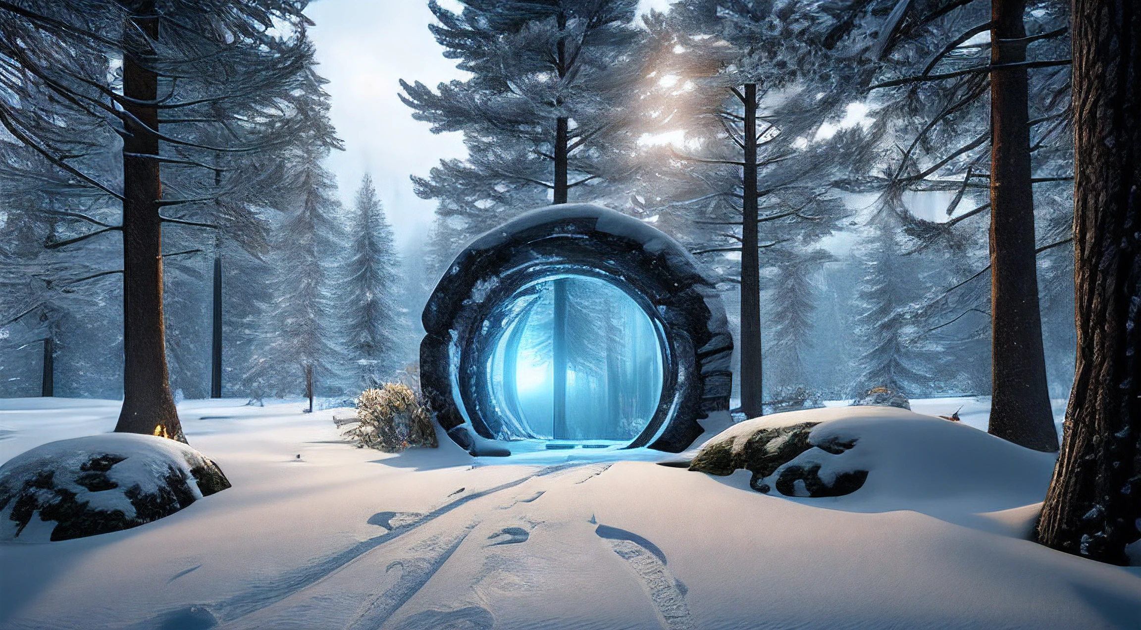 A glowing portal appears in the depths of the forest, winter, snowfall, Realism