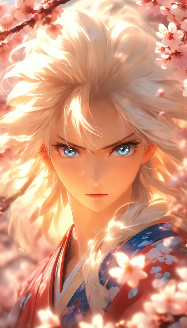(a beautiful digital painting,a striking portrait),(best quality,highres:1.2),(realistic,photorealistic:1.37),long white hair,bright blue eyes,delicate facial features,uniquely colorful clothes,fierce and confident expression,blossoming cherry blossoms in the background,vibrant colors,soft and warm lighting