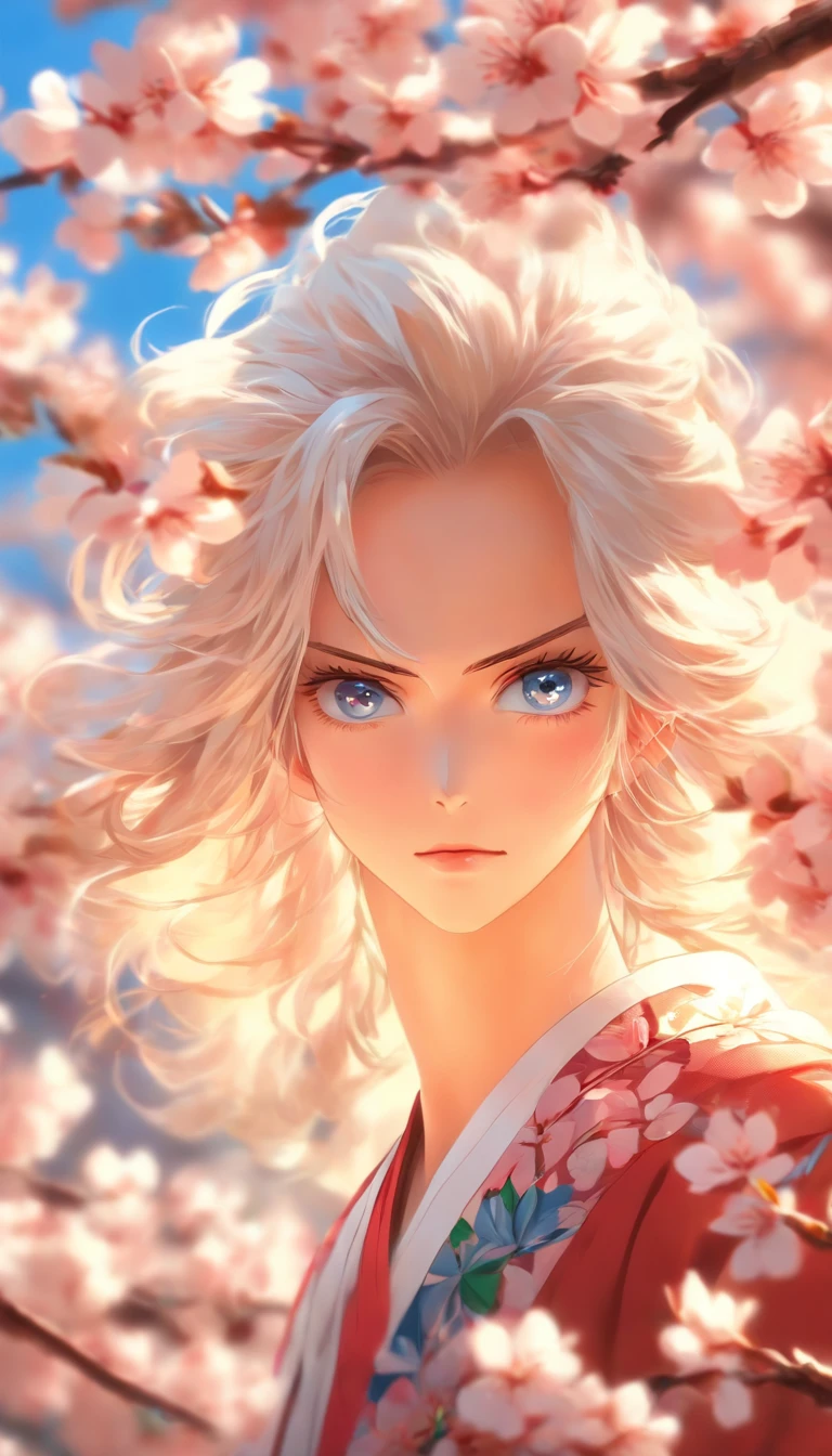 (a beautiful digital painting,a striking portrait),(best quality,highres:1.2),(realistic,photorealistic:1.37),long white hair,bright blue eyes,delicate facial features,uniquely colorful clothes,fierce and confident expression,blossoming cherry blossoms in the background,vibrant colors,soft and warm lighting
