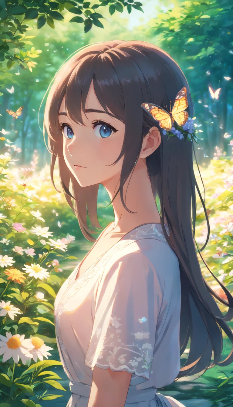 (best quality,4k,8k,highres,masterpiece:1.2),ultra-detailed,(realistic,photorealistic,photo-realistic:1.37),long-haired girl,beautiful detailed eyes,beautiful detailed lips,extremely detailed eyes and face,long eyelashes,playful expression,gorgeous appearance,vibrant colors,soft lighting,flower garden,butterflies,flowing dress,graceful posture,finely textured hair,subtle shadows,serene atmosphere,artistic illustration style,luminous colors,enchanting scene,ethereal beauty,pristine features,colorful blooms,blurred background,portraits