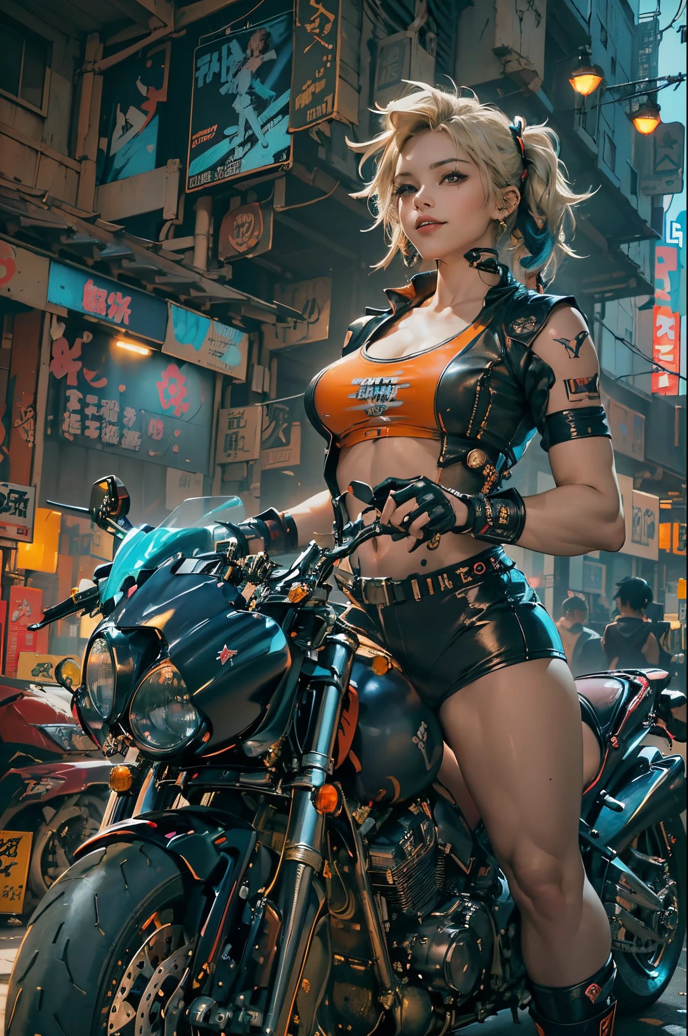 （(His works have won many awards, With incredible details, textures and maximum detail，(フォトリアリスティック)，)）, ((1female，((Stand in front of the motorcycle)), ((Get on a motorcycle))，(((harley davidson motorbike)))，(((the right motorcycle：1.7)))，(((Correct ratio of people to vehicles：1.6)))， eye-catching accessories, Stylish and innovative hairstyle)),（( girl，girl，((confident smile))，dressed in：((Harajuku style fashion, ))，((Slim sexy girl))，)))， (Full-body image:1.2), (The upper part of the body:0.4), (The best quality real textured skin), ((five perfect and beautiful fingers)), (Anatomically correct limbs and physique:1.5), (Exquisite, round and symmetrical eyes), (exquisite and beautiful face:1.6), ((A detailed face)), ((Background with：(bedazzled，cyberpunk city landscape, skyscrapper, neonlight, LED lights)))， the complex background, (Complicated details:1.1)，))， ((Bright and vivid color scheme))，((dynamic viewing angle+dynamic combination))，((Big breasts are beautiful，Sexy legs))，cyber punk style，Harajuku style popular cyberpunk girl, 城市,（Harley）